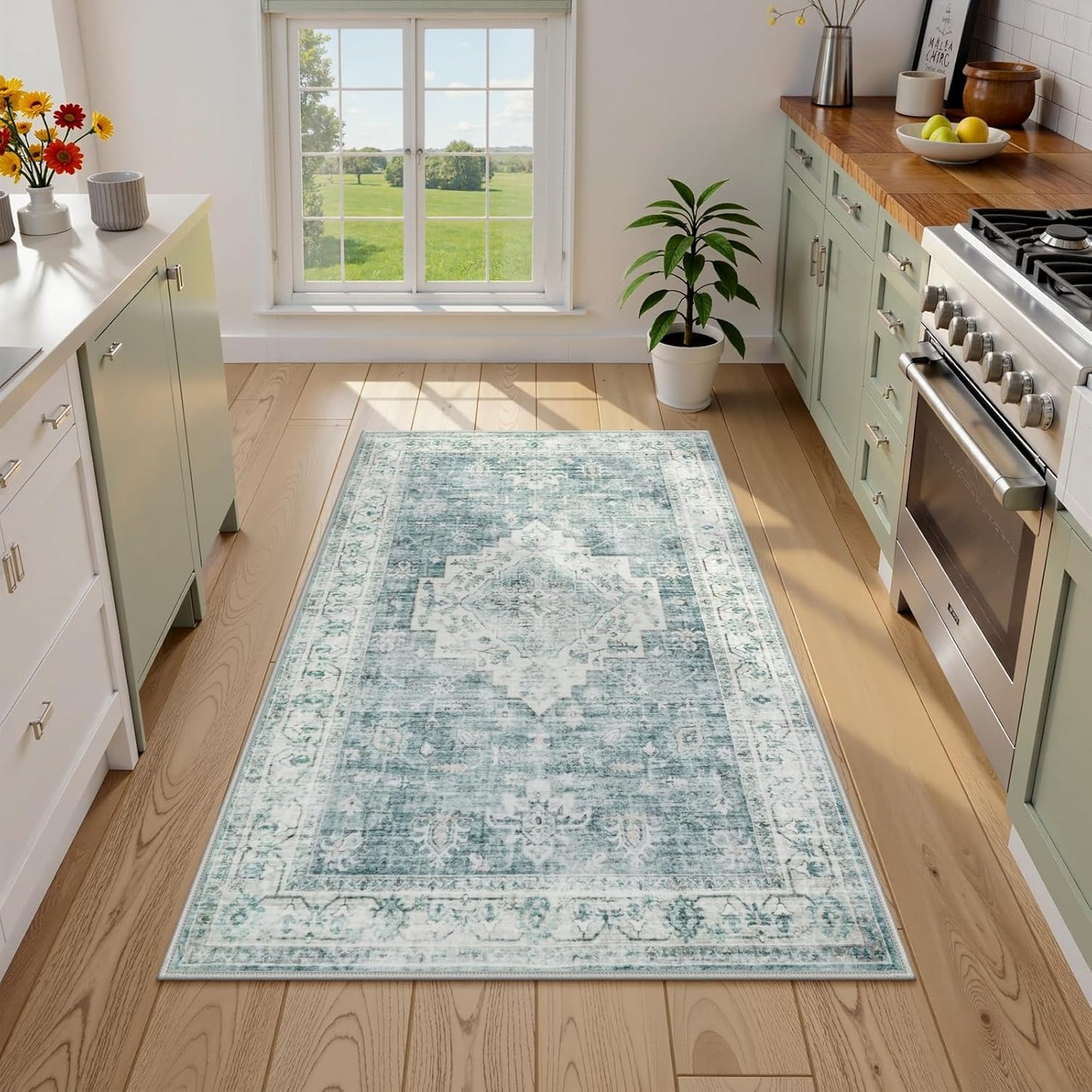 LIVEBOX Entryway Rug 3x5 Washable Area Rugs for Kitchen Bathroom, Non-Slip Front Door Mat for Bedroom, Boho Low-Pile Carpet Farmhouse Throw Indoor Mats for Bath Laundry Room, Blue
