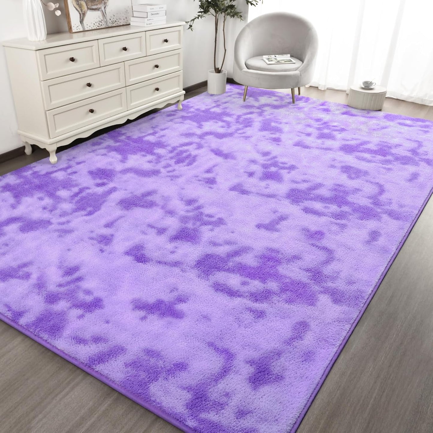 Kimicole 6x9 Washable Area Rugs for Living Room Bedroom, Large Low Pile Ulta-Thin Solid Color Rug, Non-Slip Soft Fluffy Carpet for Nursery Kids Room Dorm Room Home Decor (Purple)