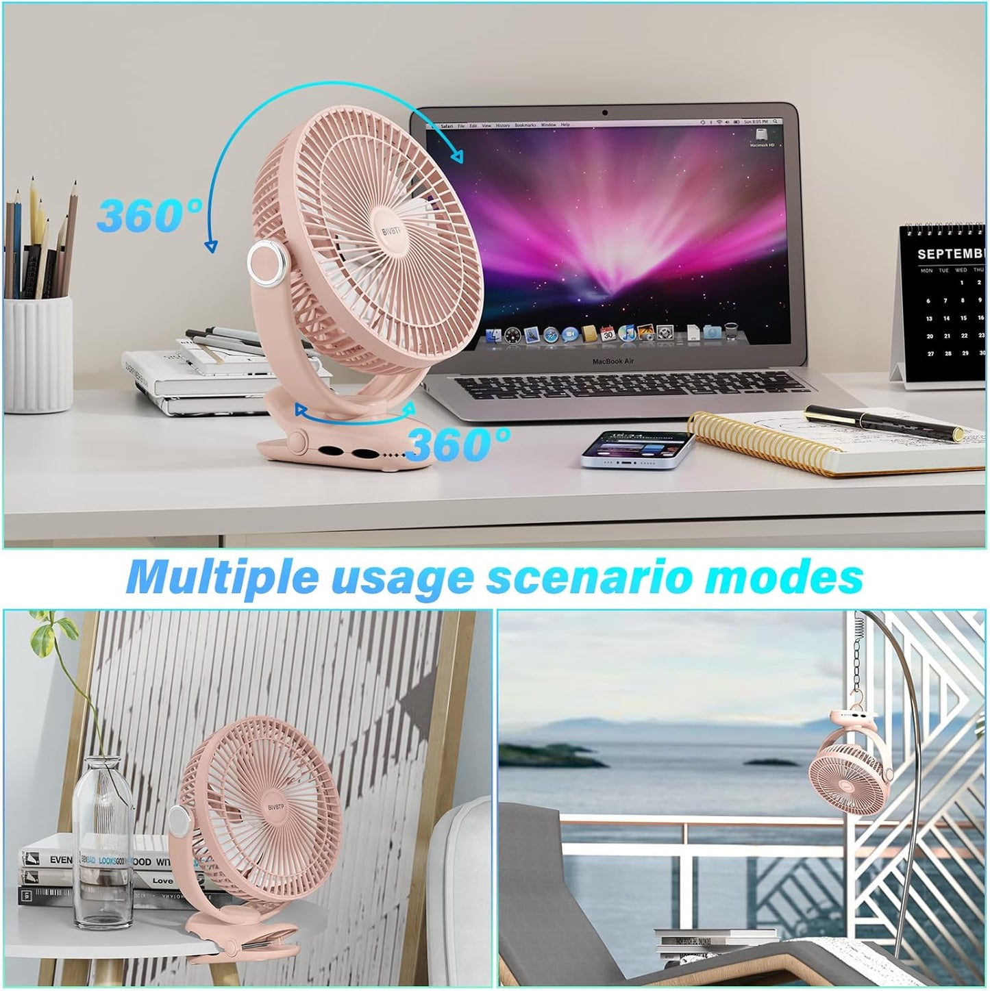 12000mAh Clip on Fan 30H Longest Runtime, 8in Portable Fan Rechargeable, Ultra Quiet with Heavy-Duty Clamp, USB Desk Fans for Golf Cart,Office Desk, Treadmill, Camping, Bedroom