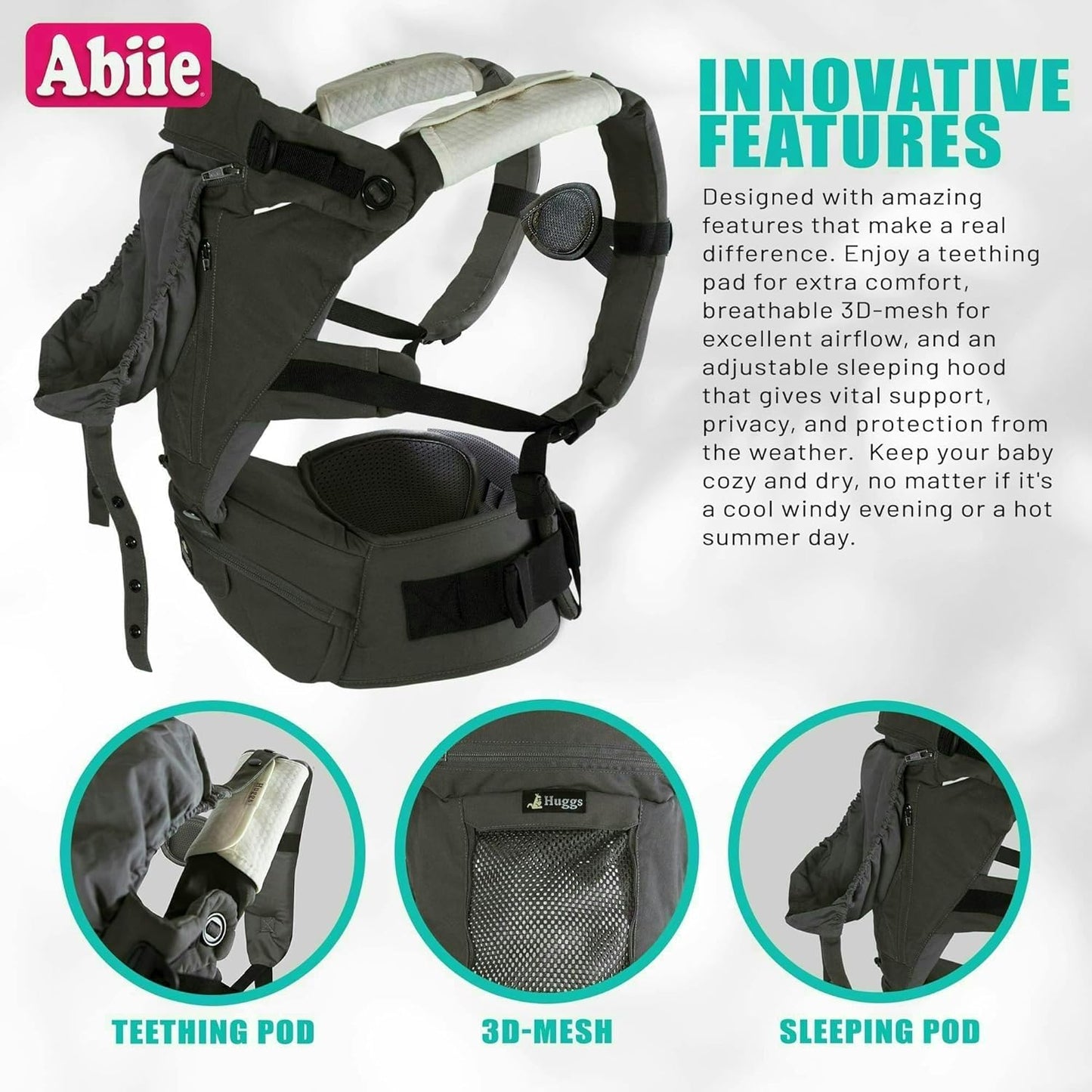 Abiie HUGGS 3-in-1 Baby Carrier with Hip Seat - Front Facing, Hip Hugger, Back Baby Carrier - Healthy Sitting (M) Position, 3 Mos.-Toddler - Buckle Type Closure - Approved by US Safety Standards