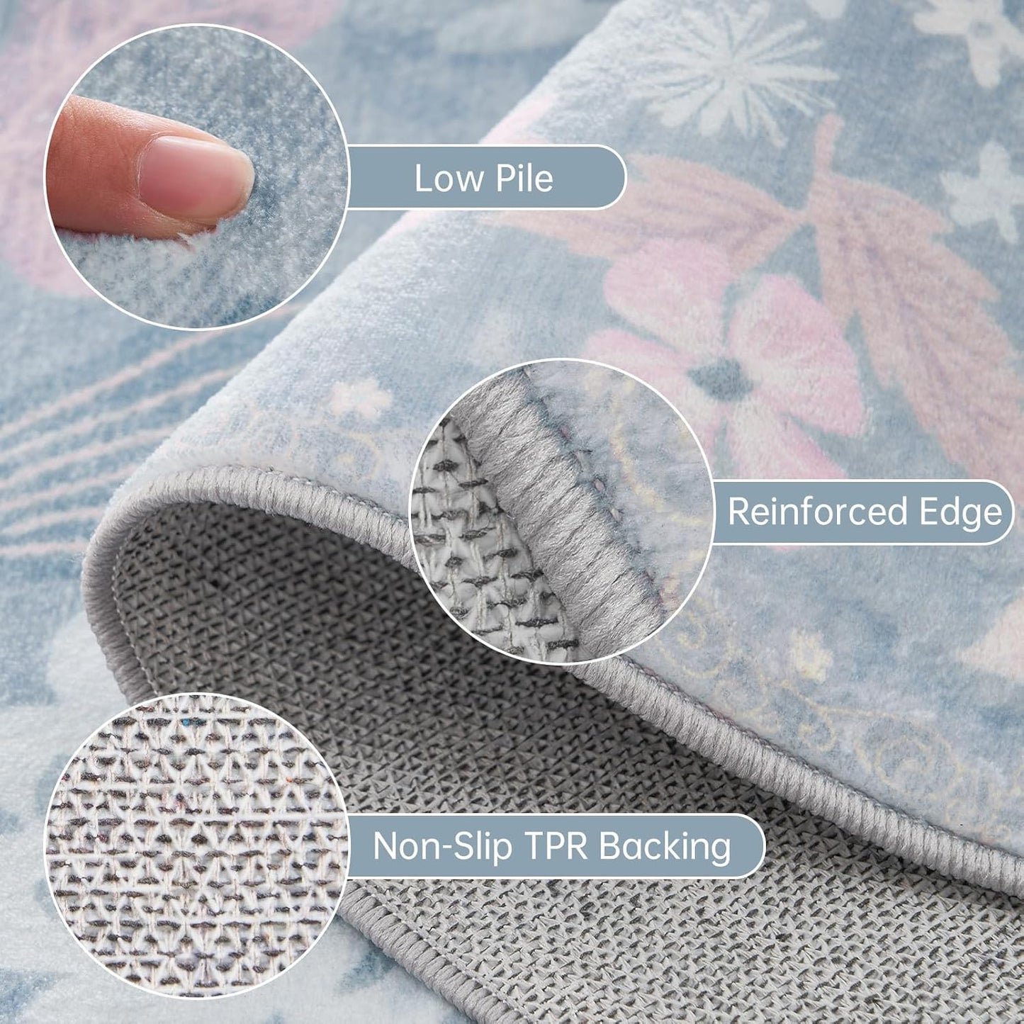 Bedroom Rugs 3x5 Machine Washable Non Skid Stain Resistant Low Pile Faux Fur Area Rug Soft Boho Retro Floral Accent Small Carpet for Living Room Entrance Farmhouse Bedside Nursery Girls,Light Blue