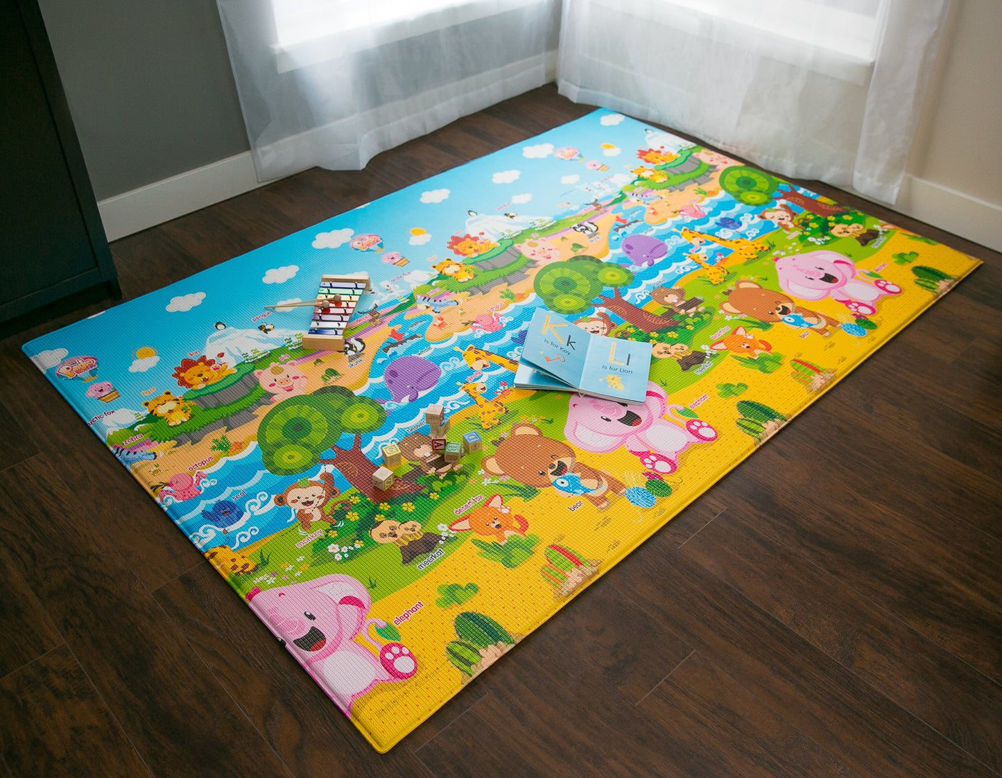 Baby Care Play Mat (Large, Playful - Pinko & Friend) 82'' x 55'' Original One-Piece Reversible Rollable Waterproof Play Mat for Infants, Babies, Toddler, and Kids