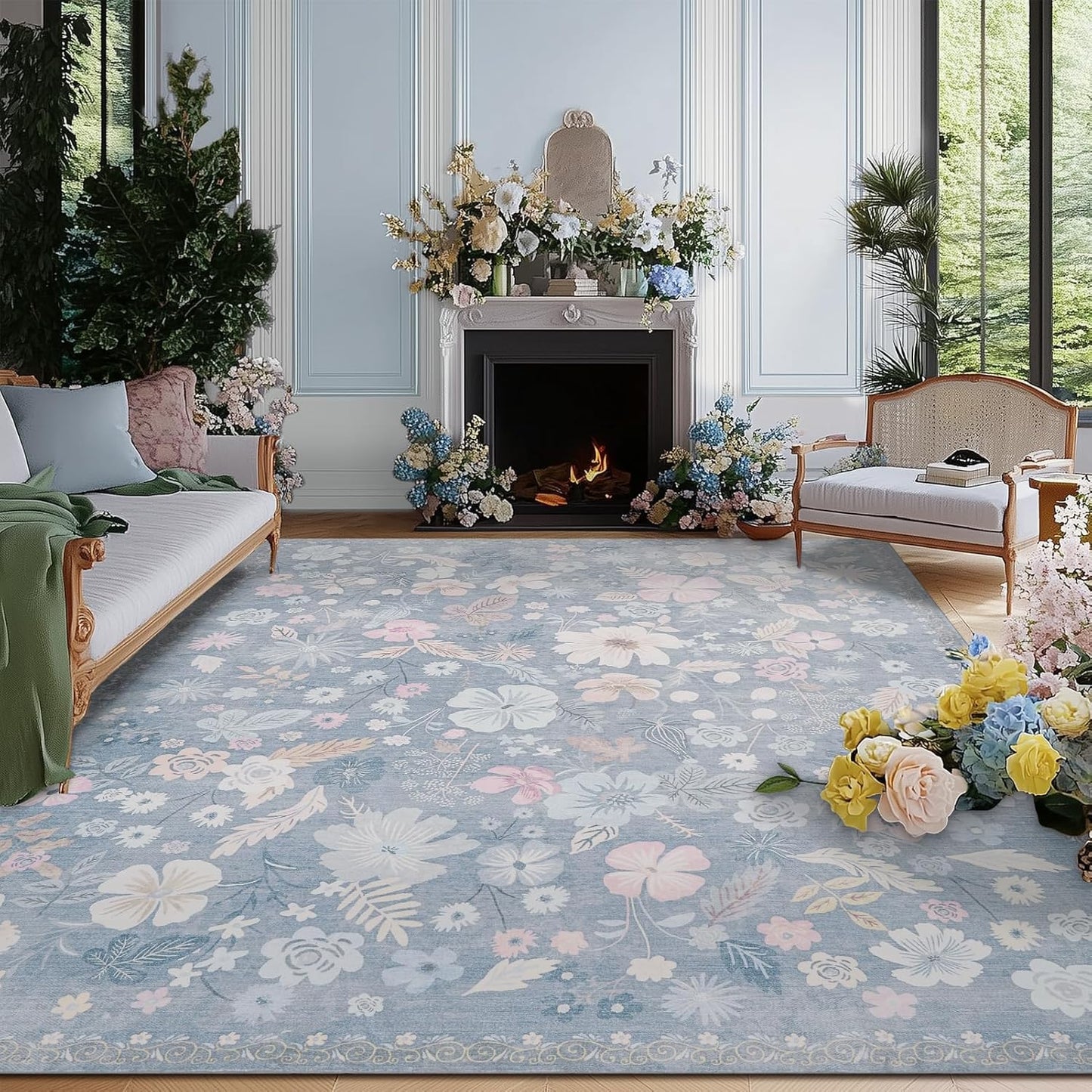 Blue Area Rugs 9x12 Living Room Floral Boho Vintage Machine Washable Area Rugs Stain Resistant Low Pile Cottage Core Carpet Rug for Bedroom Dining Room Classroom Playroom,Slate Blue