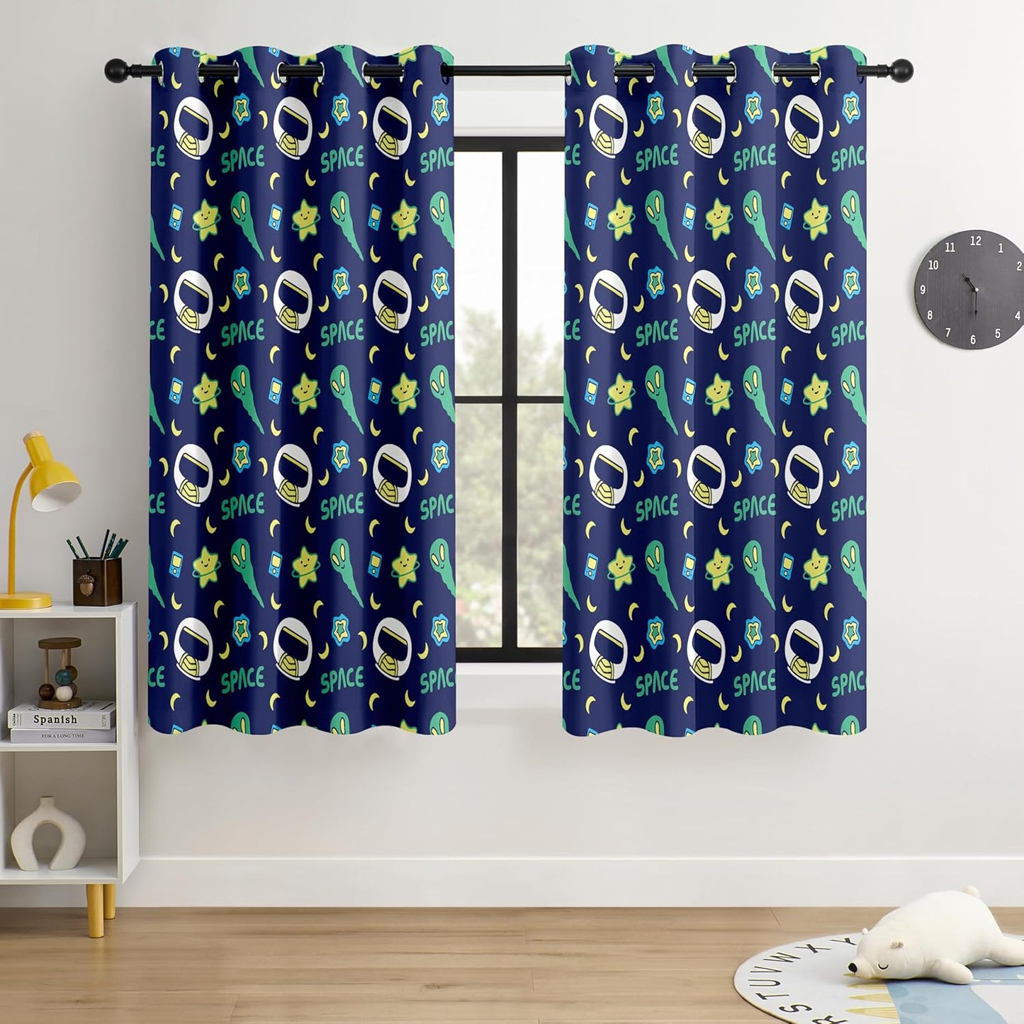 Kids Space Alien Blackout Curtains - 100% Blackout, Thermal Insulated, Noise Reducing, Perfect for Kids Room and Nursery, 2 Panels (Friendly Alien, W52×L63)