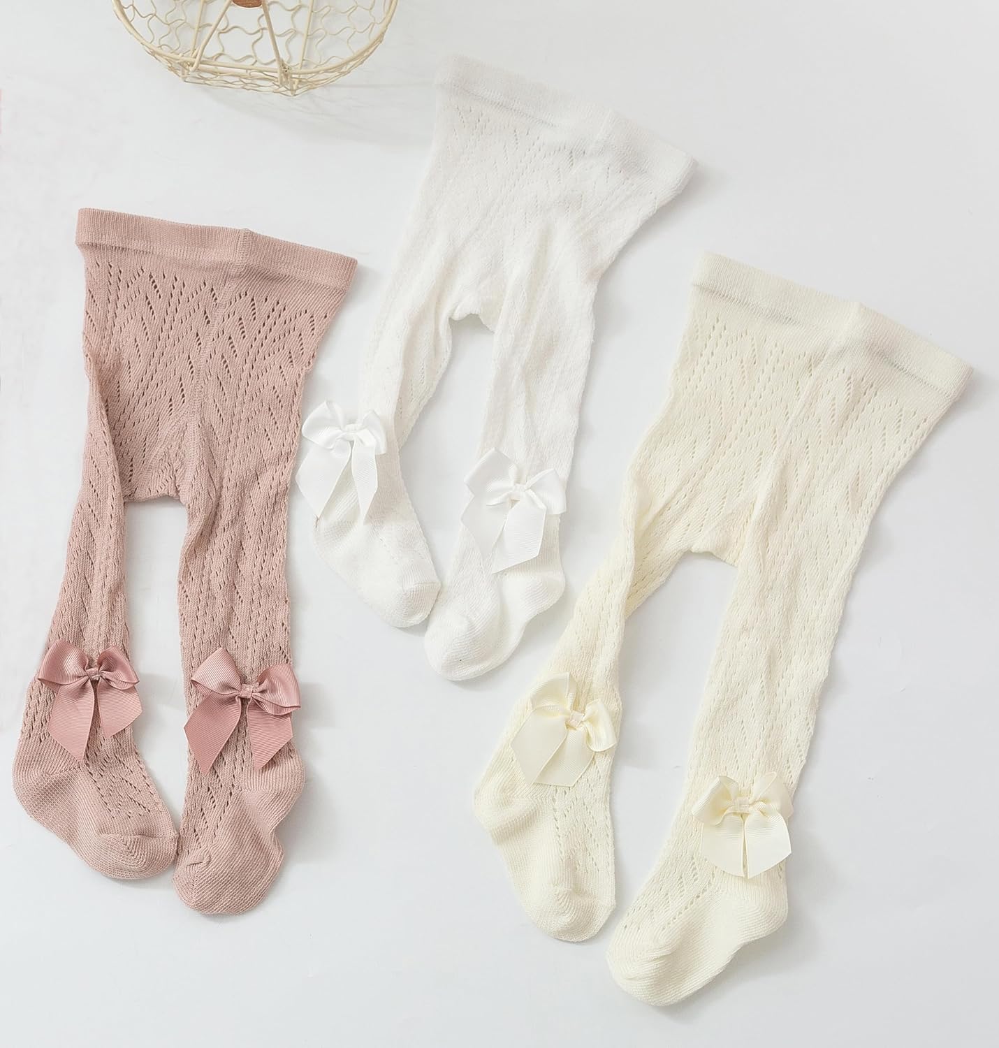 CHUNG Baby Girls Cotton Tights Thin Hollowed Summer with Bowknot Mesh Lace Fashion Toddler Footed Legging Pantyhose