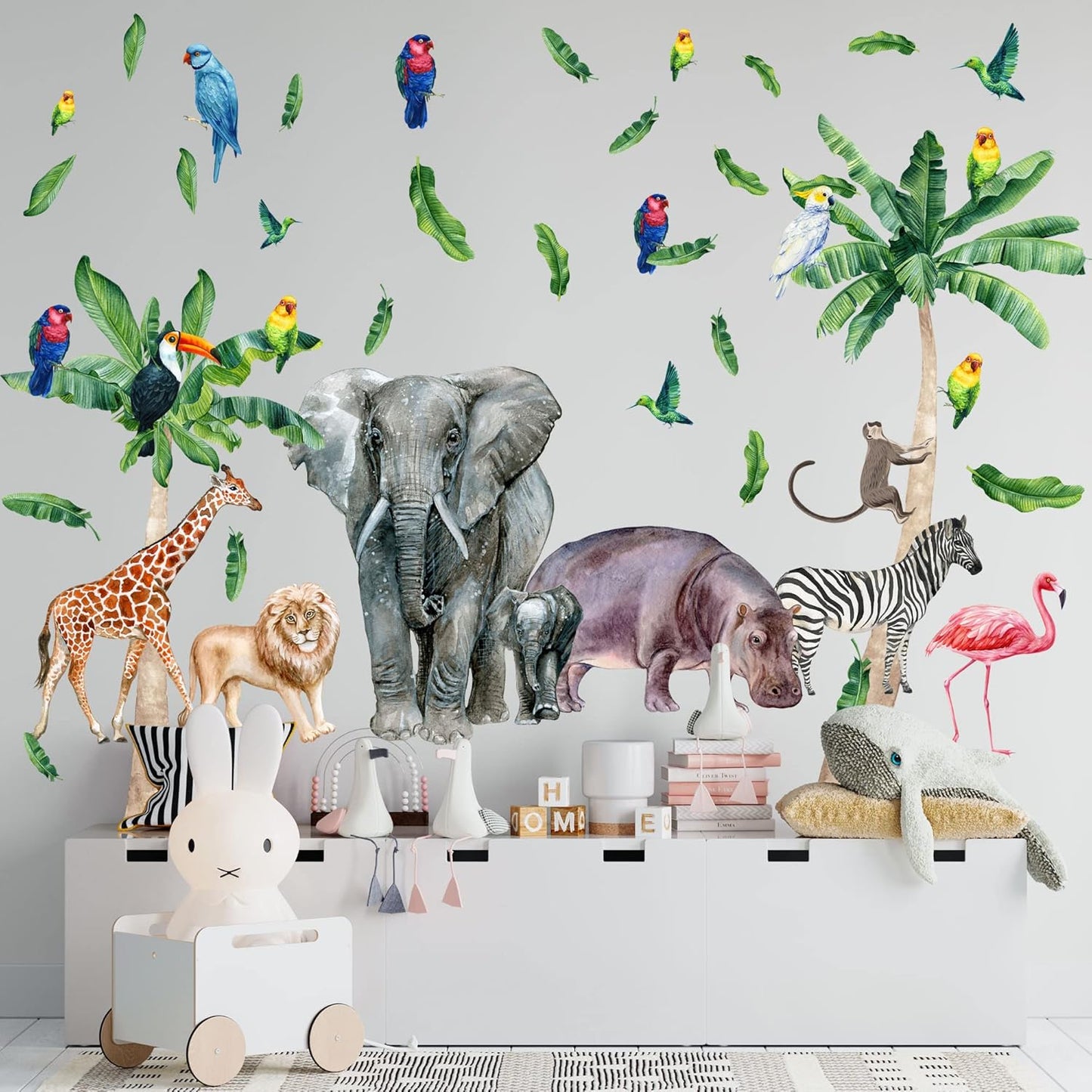 Safari Animal Wall Decals for Kids by Lipastick-Peel and Stick Jungle Stickers Giraffe, Elephant, Hippo, Palm Tree, Parrot for Toddlers Room, Nursery, Playroom, Classroom, Daycare Decor Art- XXL