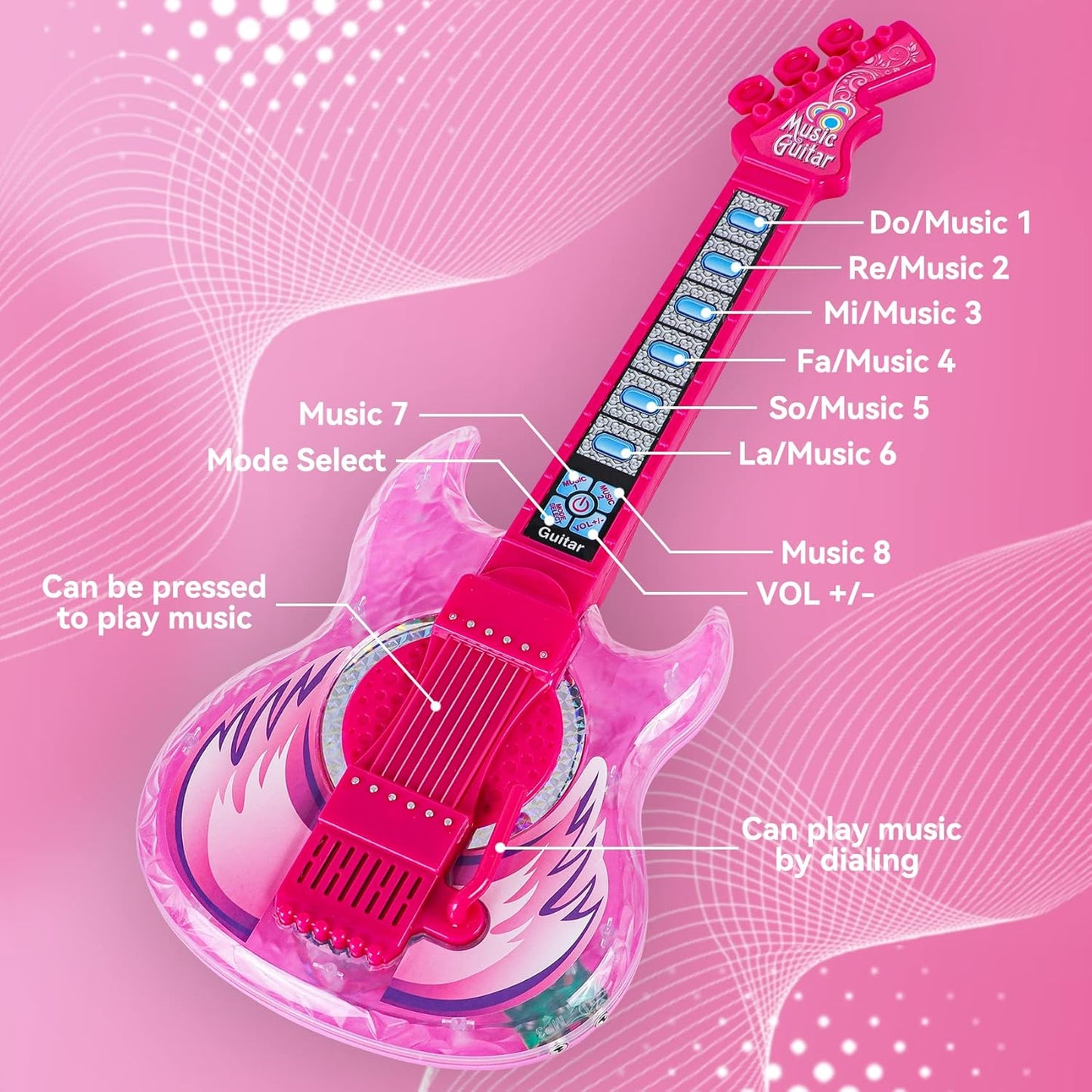 Guitar and Microphone Play Set for Girls,Karaoke Machine with Music&Light,Microphone Toys with Stand,Adjustable Height Guitar Toys for Kids,Toddlers,Child(Red)