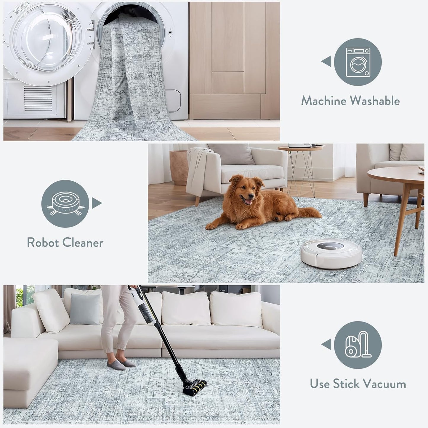 LIVEBOX Washable Area Rug 5x7 Rugs for Living Room Bedroom, Non-Slip Boho Neutral Carpet for Dining Room Office, Low-Pile Farmhouse Soft Carpets for Kids Nursery Room Playroom, Grey