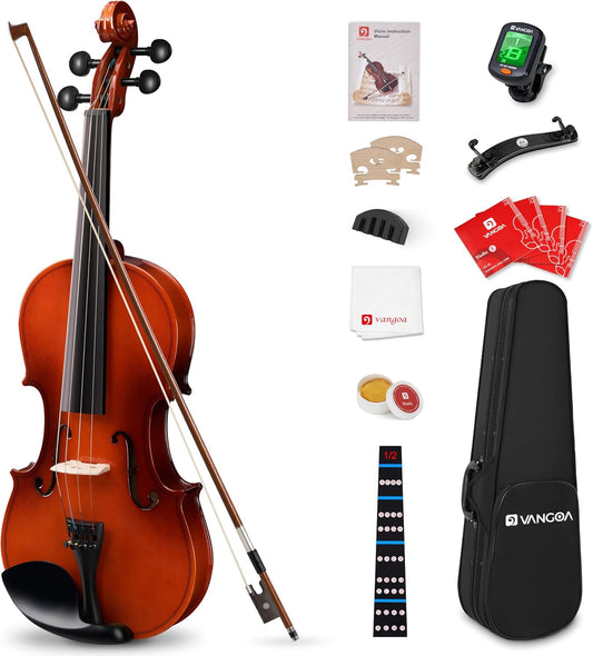 Vangoa Violin 1/2 Size Kids Fiddle Full Set, Half-Size Acoustic Violins Solid Wood Sides Kit with Hard Case, Starter Violin Bundle for Students Beginners 6-10, Premium Novice Accessory Pack