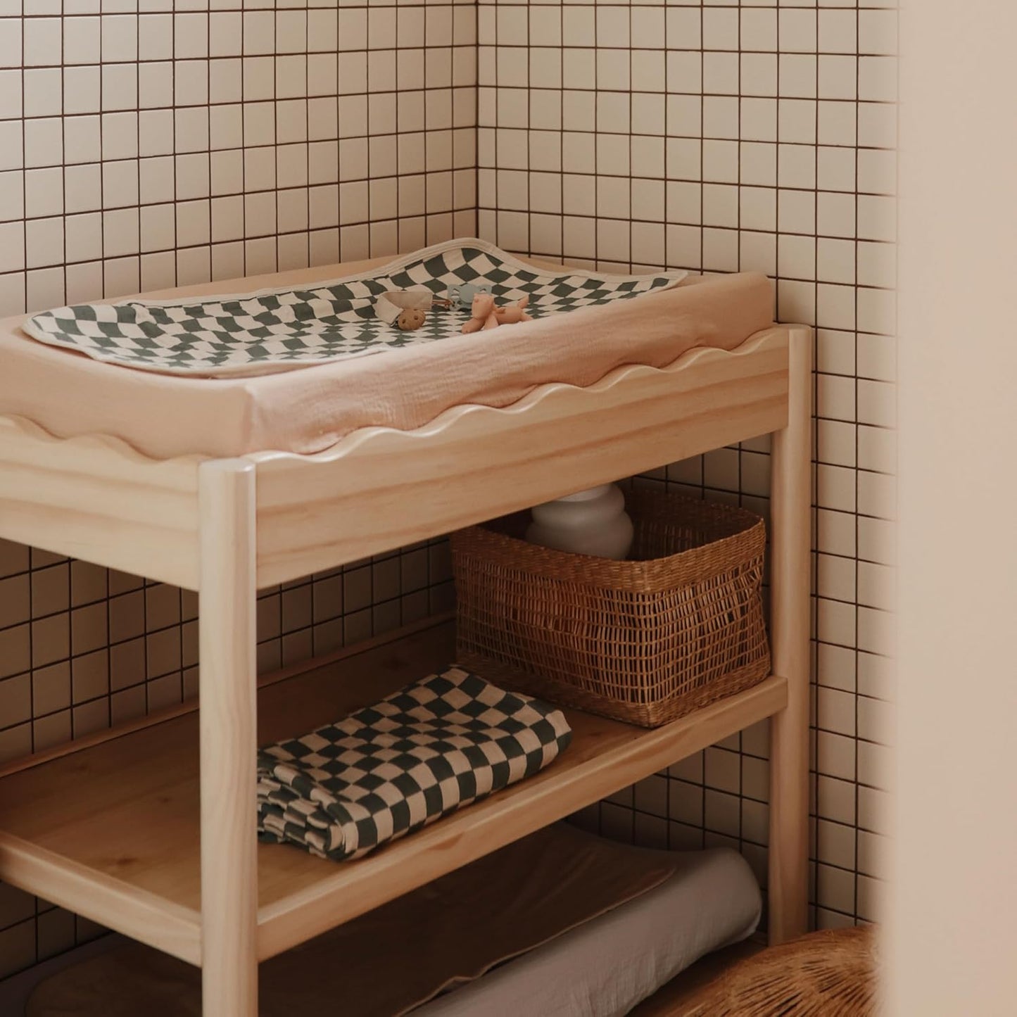 mushie Waterproof Changing Pad Liners | 100% Organic Cotton | Set of 3 (Olive Check Combo)