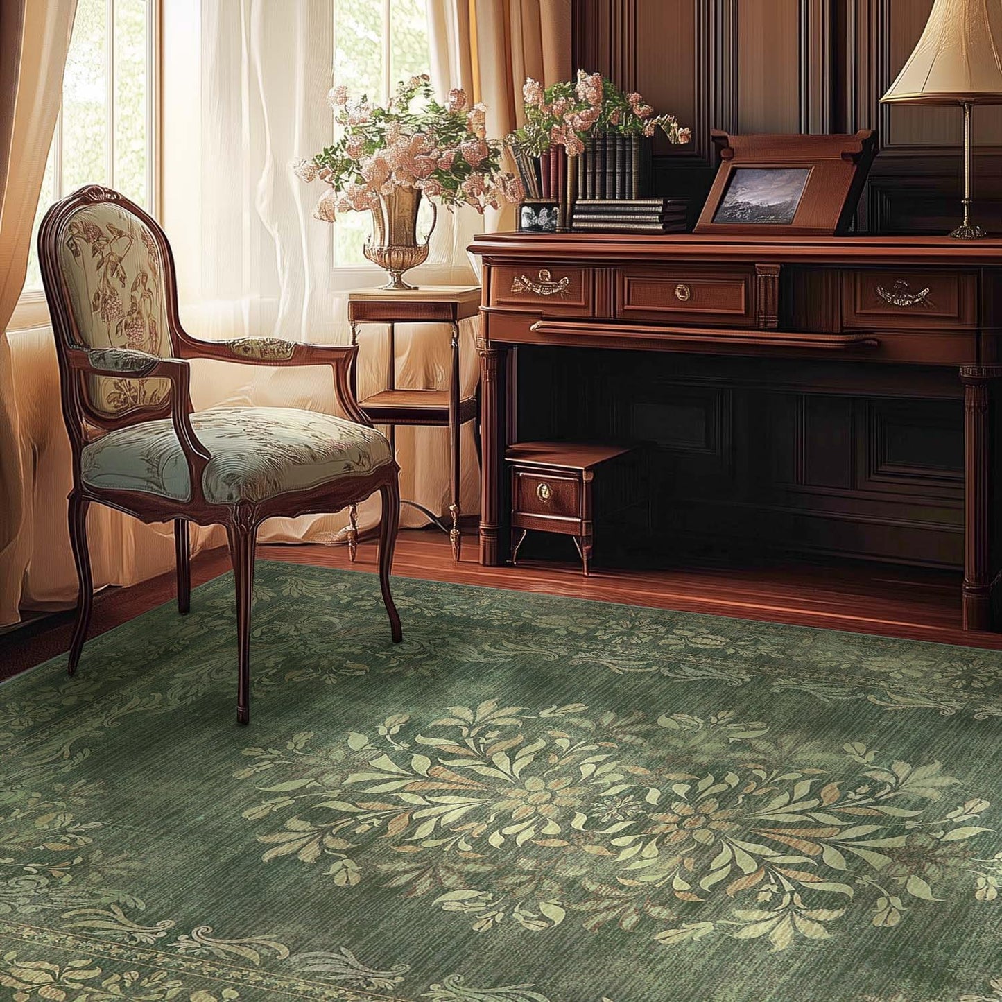 jinchan Green Floral 8x10 Area Rugs for Living Room - Machine Washable Vintage Distressed Design Soft Throw Rug Non-Slip Large Carpet for Bedroom Nursery Dining Room Home Office (8x10ft,Dark Green)