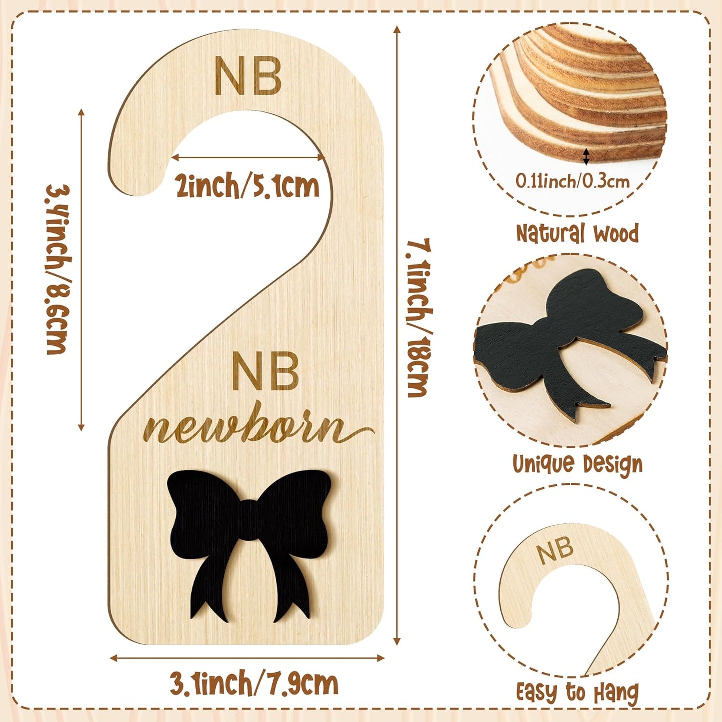 R HORSE Wooden Baby Closet Dividers - 8Pcs Double-Sided 3D Black Bow Baby Closet Organizer Newborn Clothes Size Hanger Dividers Nursery Decor Baby Shower Birthday Gift for Boy Girl (0-24 Months)