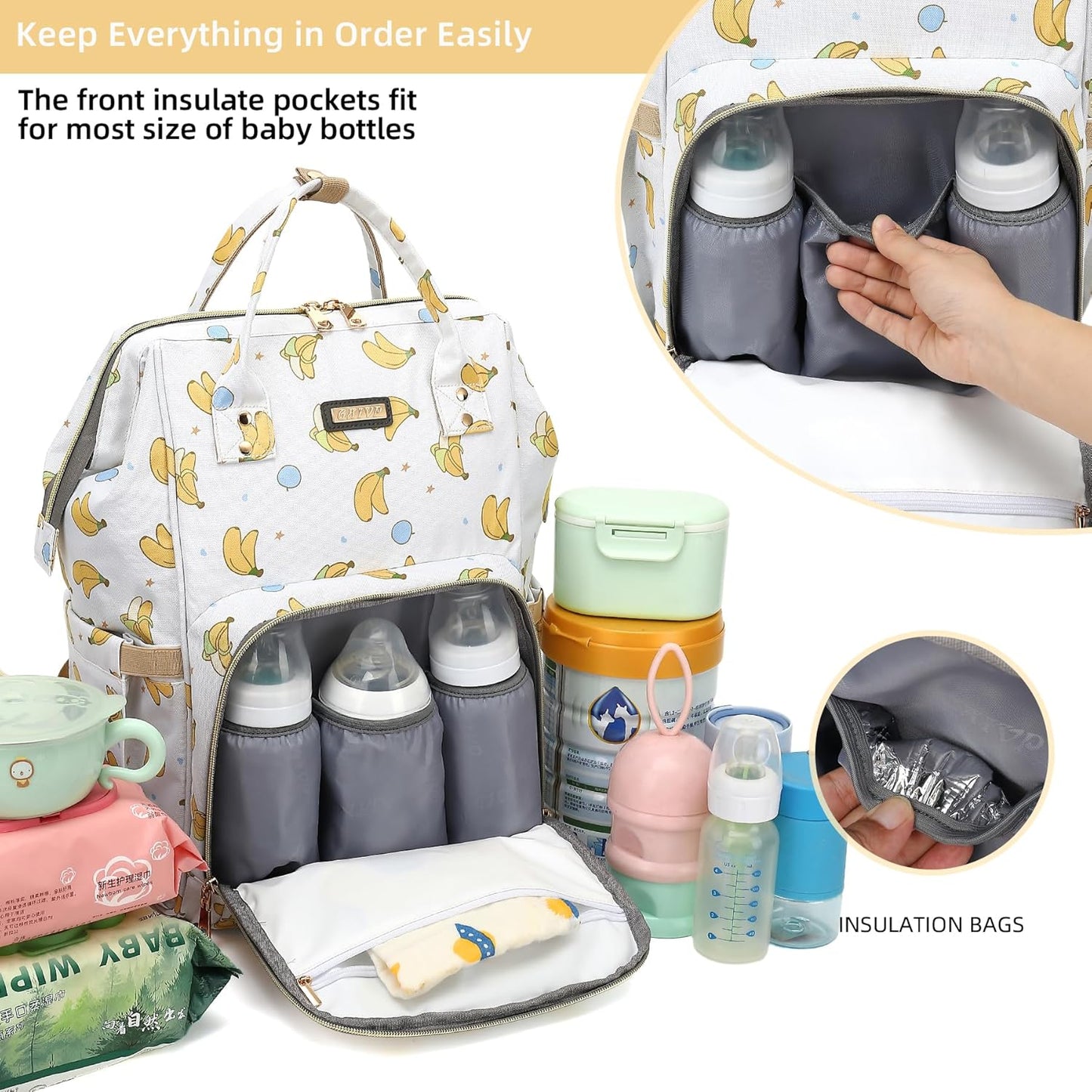 Diaper Bag Backpack, Diaper Bags for Baby Girls Boys, Baby Bags for Moms Dads, Nappy Changing Bag with Insulated Pockets,Multi-functional Waterproof Backpack with Stroller straps -Beige Banana