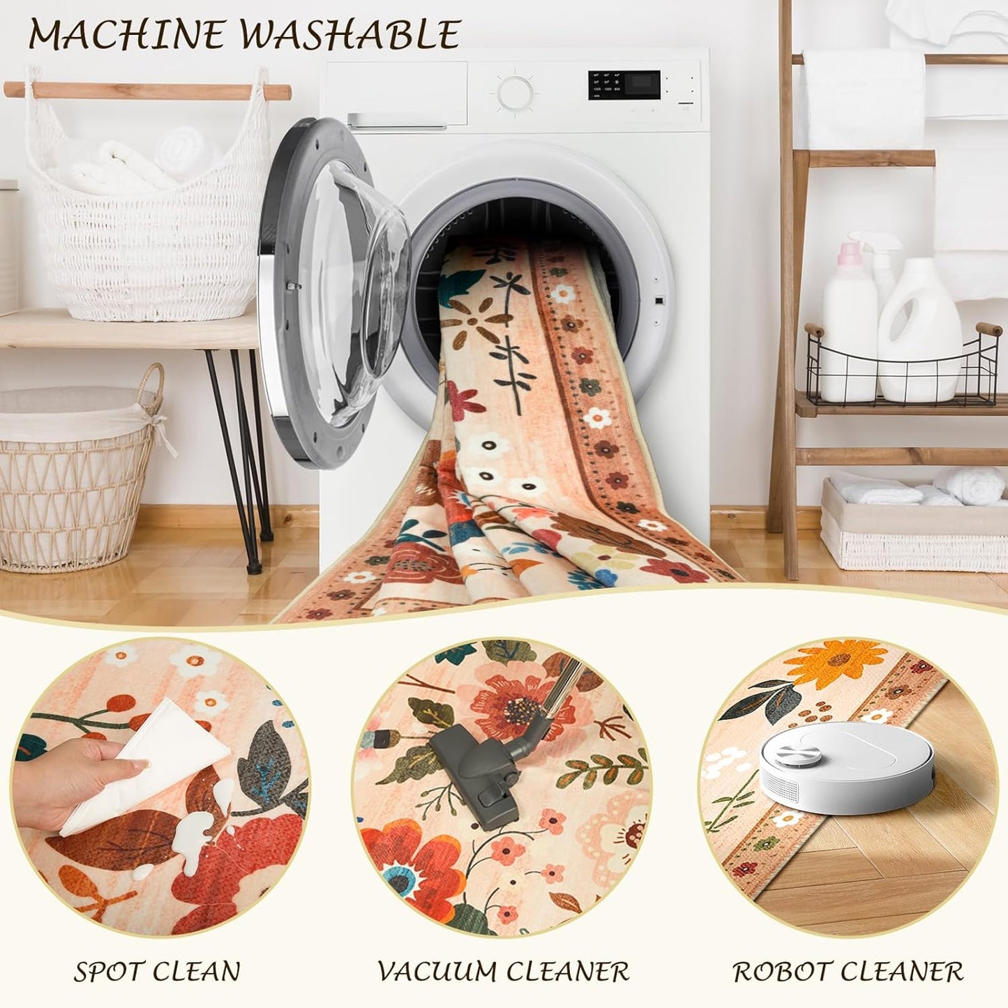 Floral 8x10 Area Rug Machine Washable Soft Print Boho Carpet Non Slip Doormat Low Pile Flower Area Rugs for Living Room Bedroom Nursery Kitchen Dining Room Indoor-Light Orange