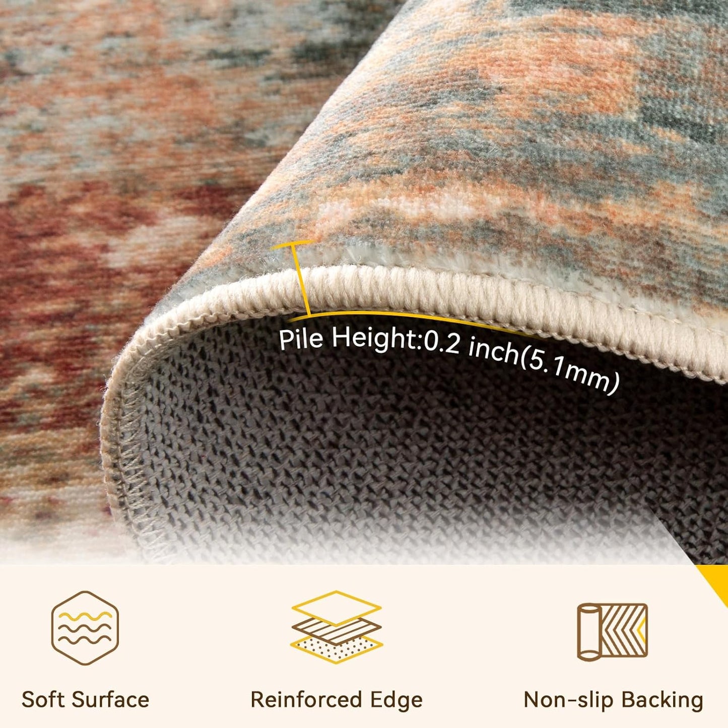 Washable Area Rugs 5'x7' Non-Slip Modern Abstract Soft for Living Room Entryway Bedroom Nursery, Print Pattern, Brown Rust Red Multi