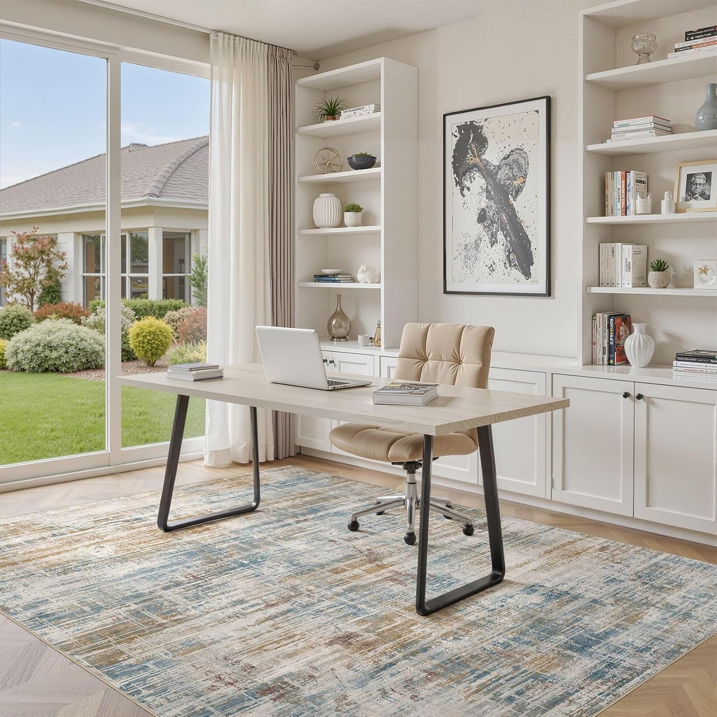 Area Rug for Living Room: 12x15 Washable Neutral Abstract Modern Soft Rugs Non Slip Indoor Floor Stain Resistant Large Carpet for Bedroom Dining Room Office Nursery - Blue Brown