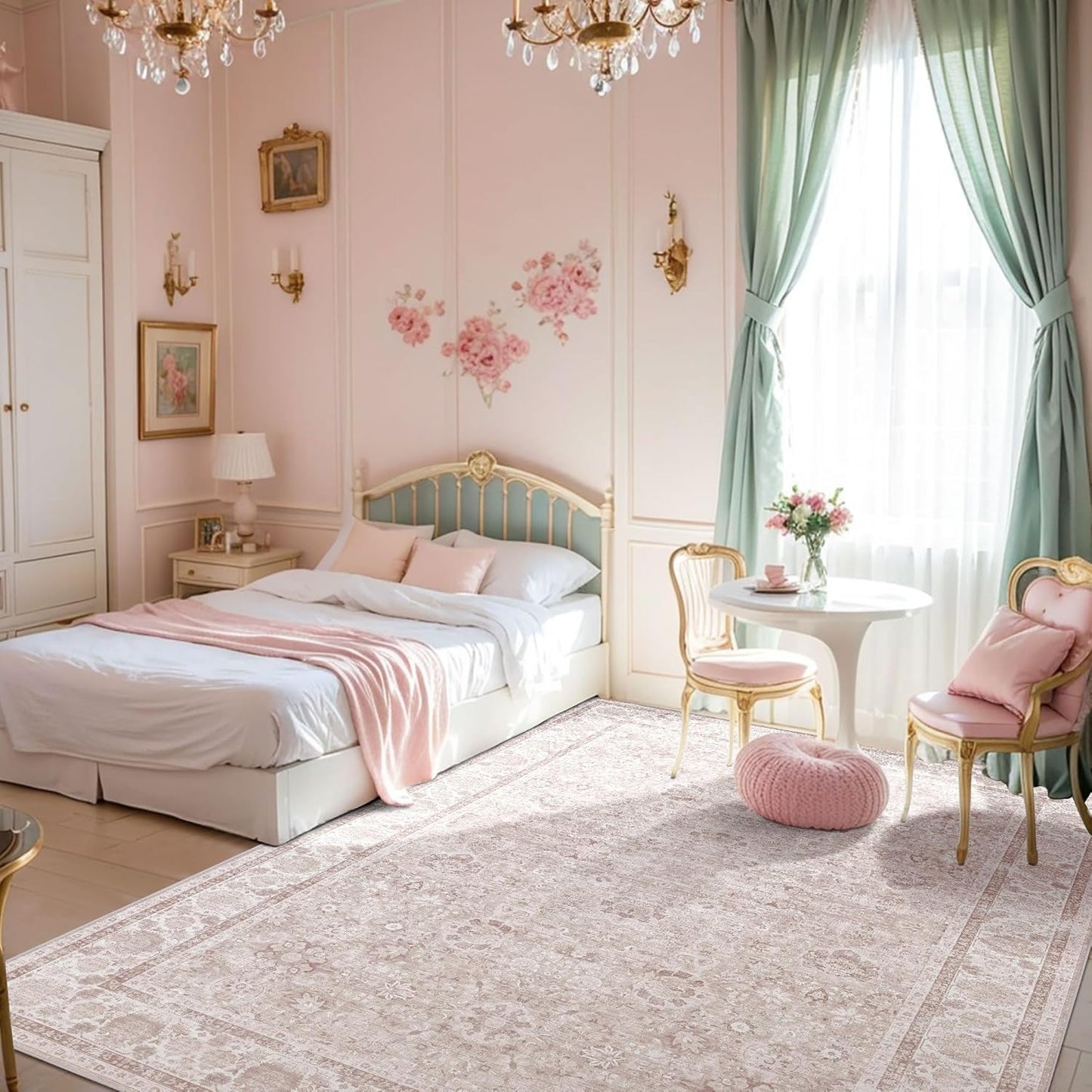 Light Pink 6x9 Rugs for Bedroom Nursery Rug Vintage Aesthetic Cute Boho Floral Washable Area Rug Indoor Carpet for Kids Room Playroom Living Room