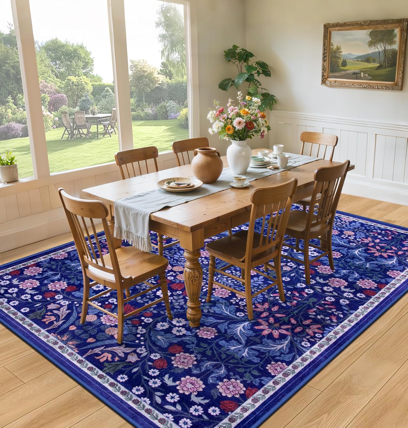 6x9 Area Rugs for Living Room: Floral Washable Rug Vintage Large Soft Boho Non-Slip Carpet Indoor Floor Stain Resistant Thin Carpets for Bedroom Dining Room Farmhouse Nursery Hallway Home Office Blue