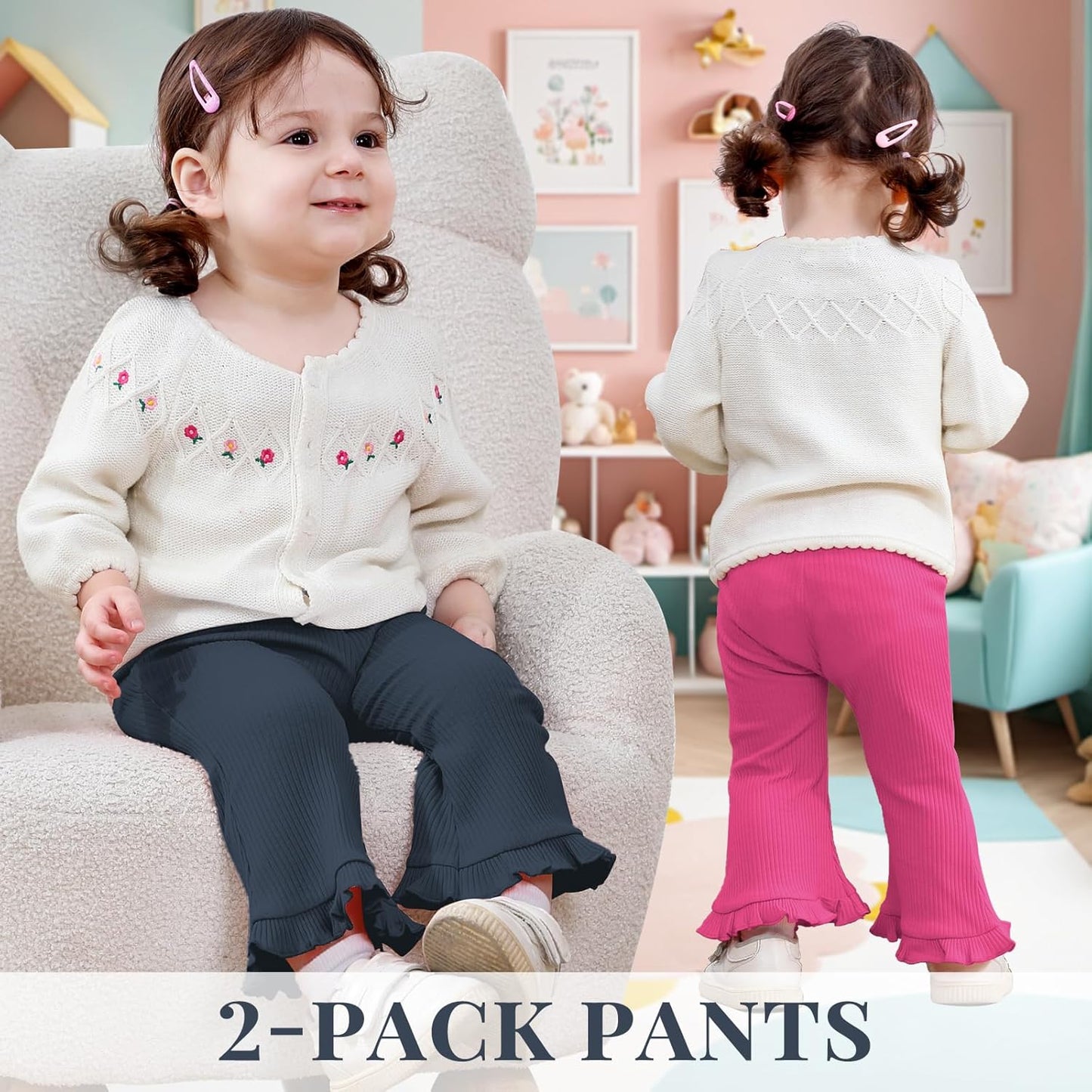 Neutocd Toddler Baby Girl 2-Pack Pants Bell Bottom Infant Baby Girl Solid Ribbed Cotton Leggings