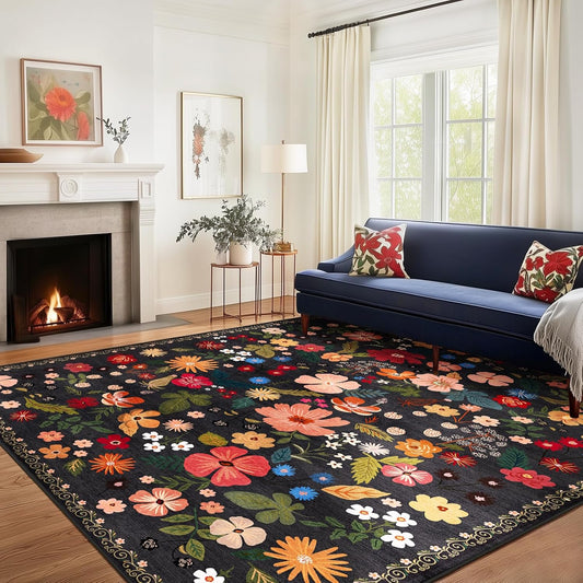 Black 8x10 Area Rugs for Large Living Room Machine Washable Non-Slip Backing Boho Floral Rugs Soft Faux Wool Low Pile Stain Resistant Dark Carpet Rug for Cozy Bedroom Dining Room Nursery Kids Room