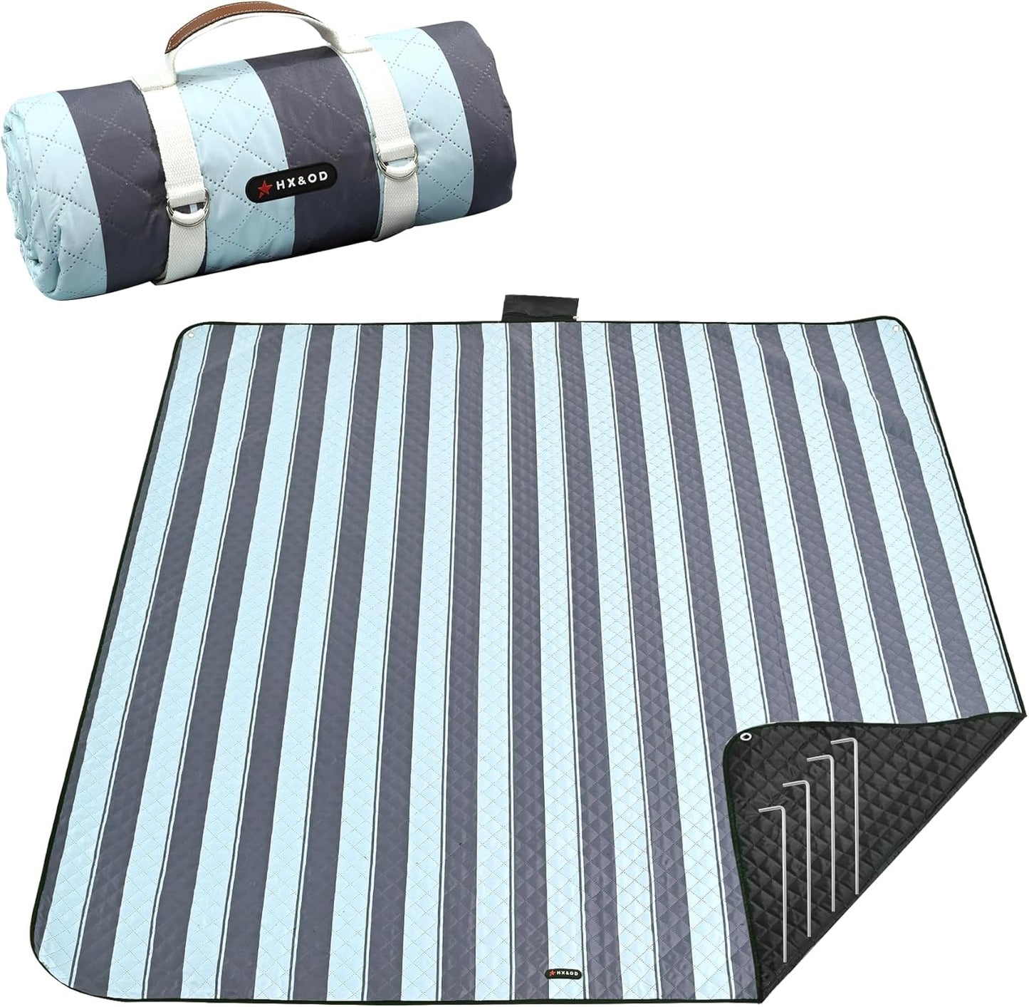 HX&OD Outdoor Picnic Blanket Extra Large, 80''*60'' Waterproof Picnic Mat with Stakes Foldable Camping Blanket Portable with Carry Strap for Beach Mat (Green& White, 80''*60'')