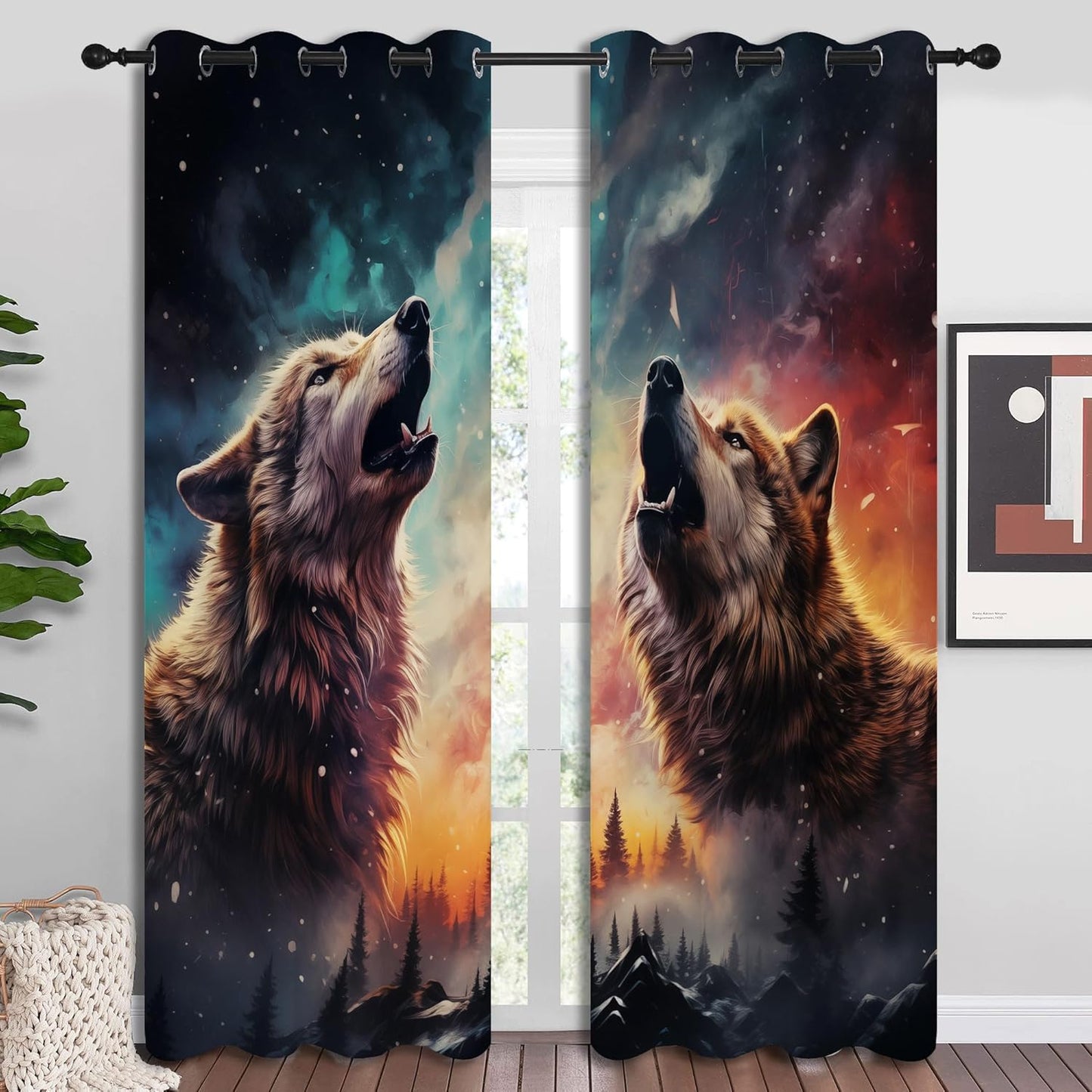 Fantasy Wolf Blackout Curtains for Boys Girl Bedroom Decor,Colorful Galaxy Misty Forest Wildlife Thermal Insulated Grommet Drapes Darkening Window Curtain for Living Room Home 84x84 inch