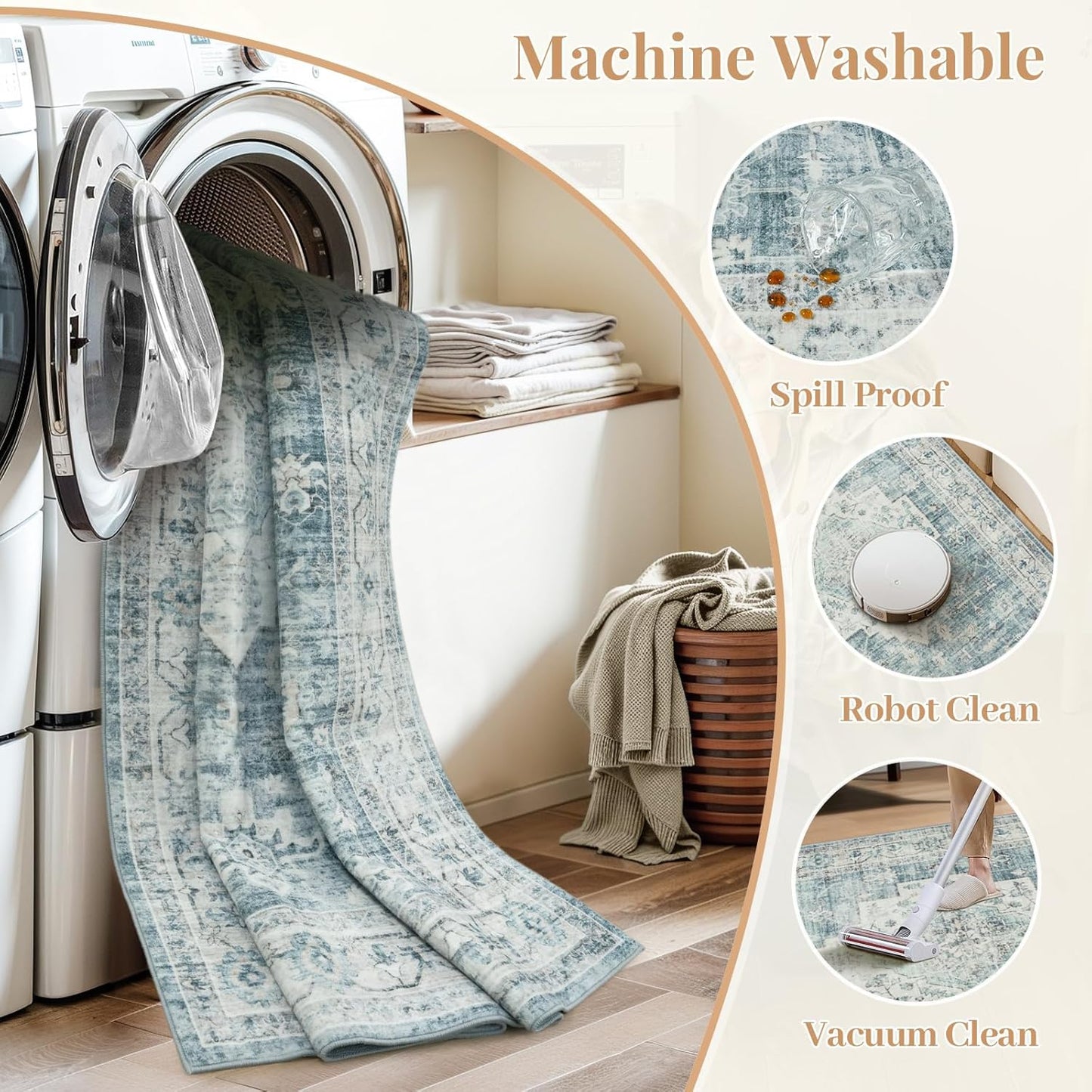 LIVEBOX Entryway Rug 3x5 Washable Area Rugs for Kitchen Bathroom, Non-Slip Front Door Mat for Bedroom, Boho Low-Pile Carpet Farmhouse Throw Indoor Mats for Bath Laundry Room, Blue