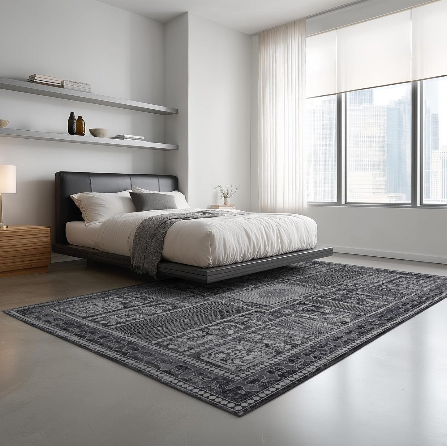 Washable Area Rugs 8x10, Large Rugs for Living Room, Carpet for Bedroom, Soft Faux Wool Retro Dining Room Rug, Non-Slip Backing Resistant Low Pile Vintage Print Rug for Home Office (Grey)