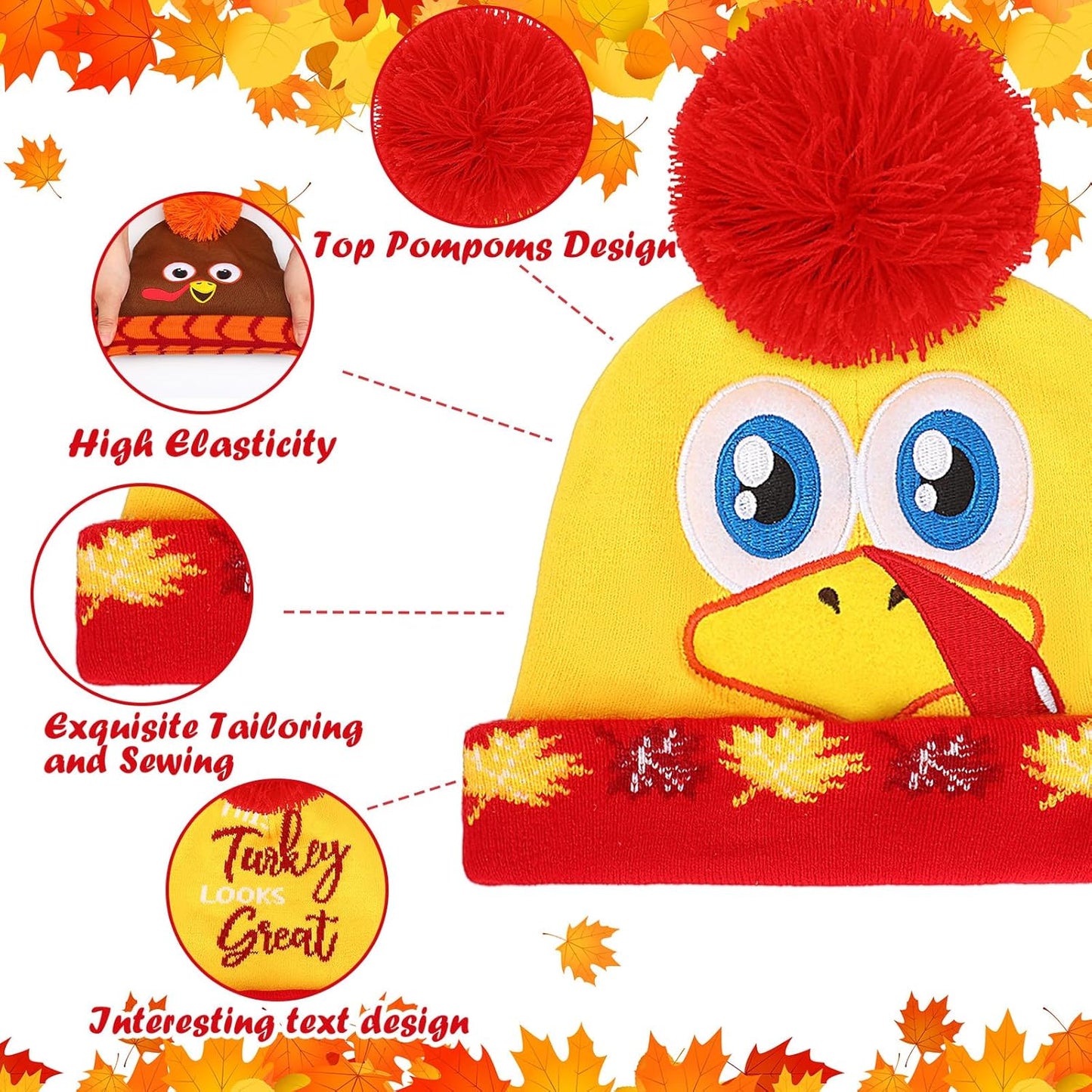 4 Pcs Turkey Pom Pom Beanie Hat Thanksgiving Funny Beanie Turkey Hat Turkey Knitted Cap for Kids Baby Adults Men Women Dress up Costume Running Winter Cosplay