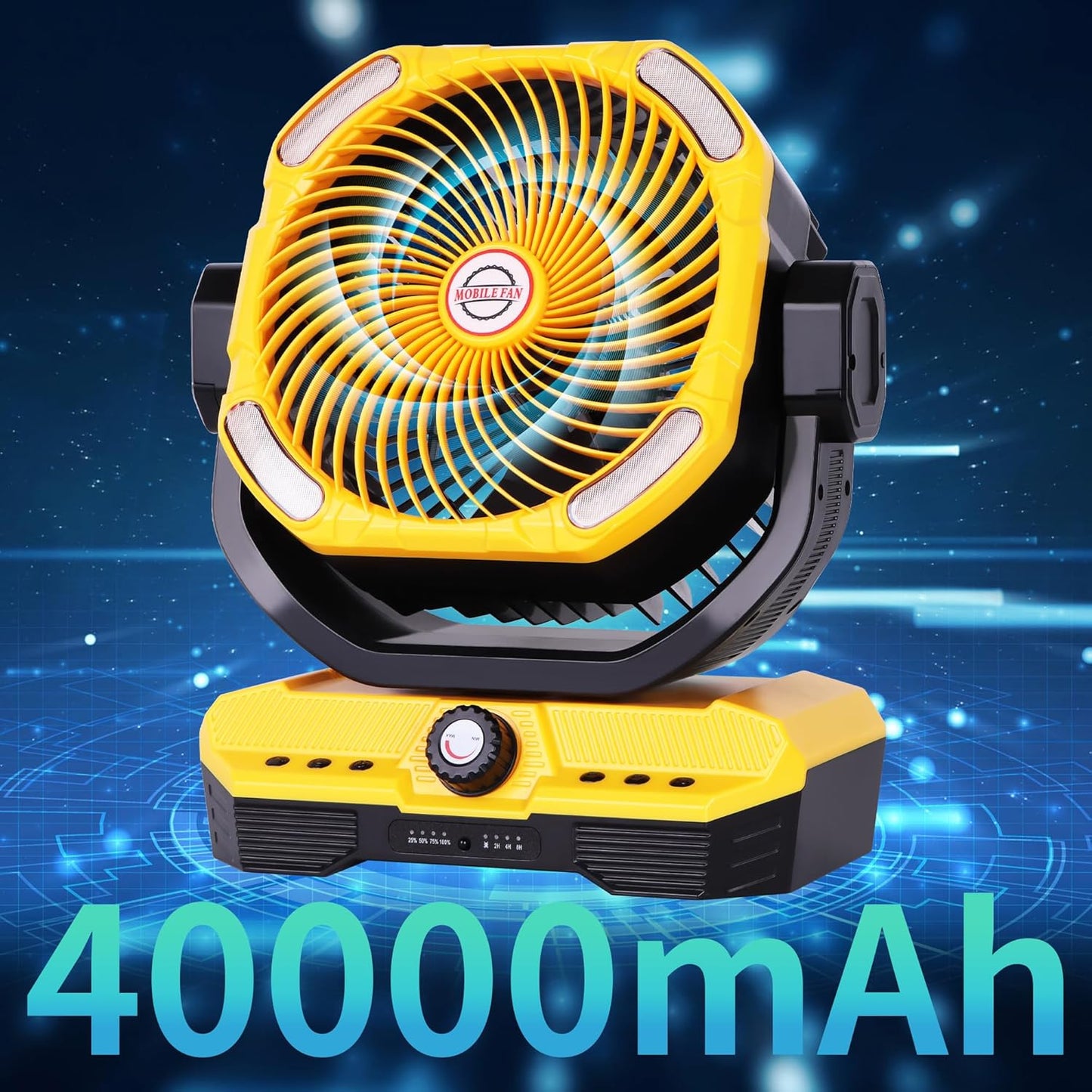 Battery Powered Fan Powerful Airflow Battery Operated Air Circulator Fan for Bedroom,Quiet & 360°Auto Oscillating Rechargeable Camping Fans with LED Light (RGBW) X66 Yellow