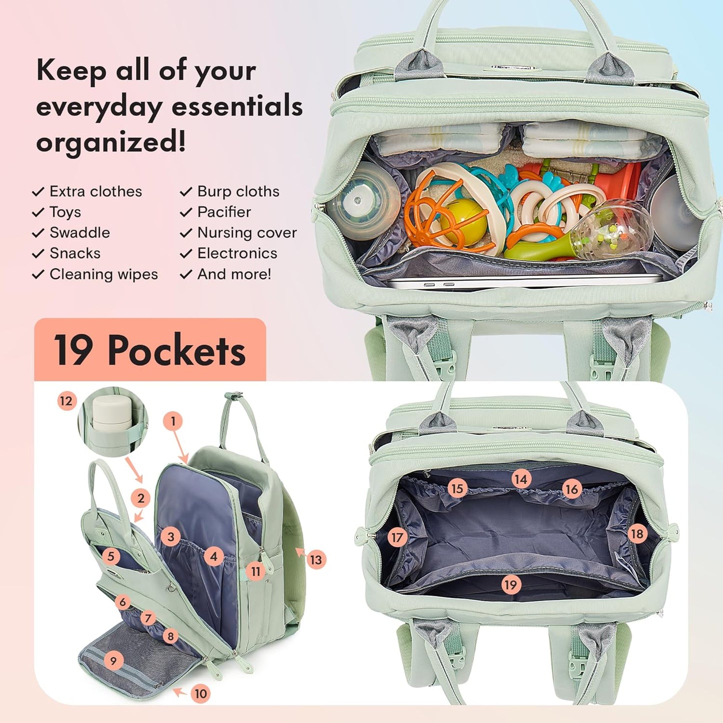 Dikaslon Diaper Bag Backpack with Portable Changing Pad, Pacifier Case and Stroller Straps, Large Unisex Baby Bags for Boys Girls, Multipurpose Travel Back Pack for Moms Dads, Mint Green