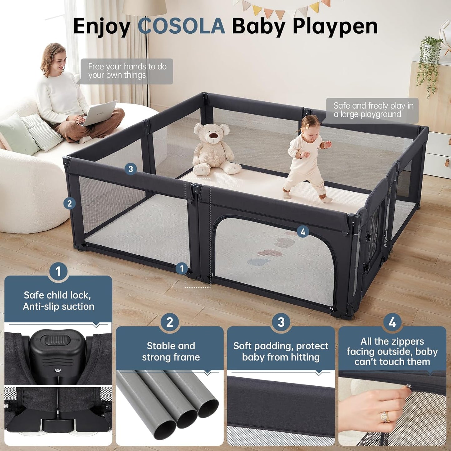 Baby Playpen,Large Play Pen for Babies and Toddlers with Door 79x71 Inch, Adjustable Playpen Non-Slip Suction Cups Base Safe and Sturdy, Indoor Outdoor Playard,Black