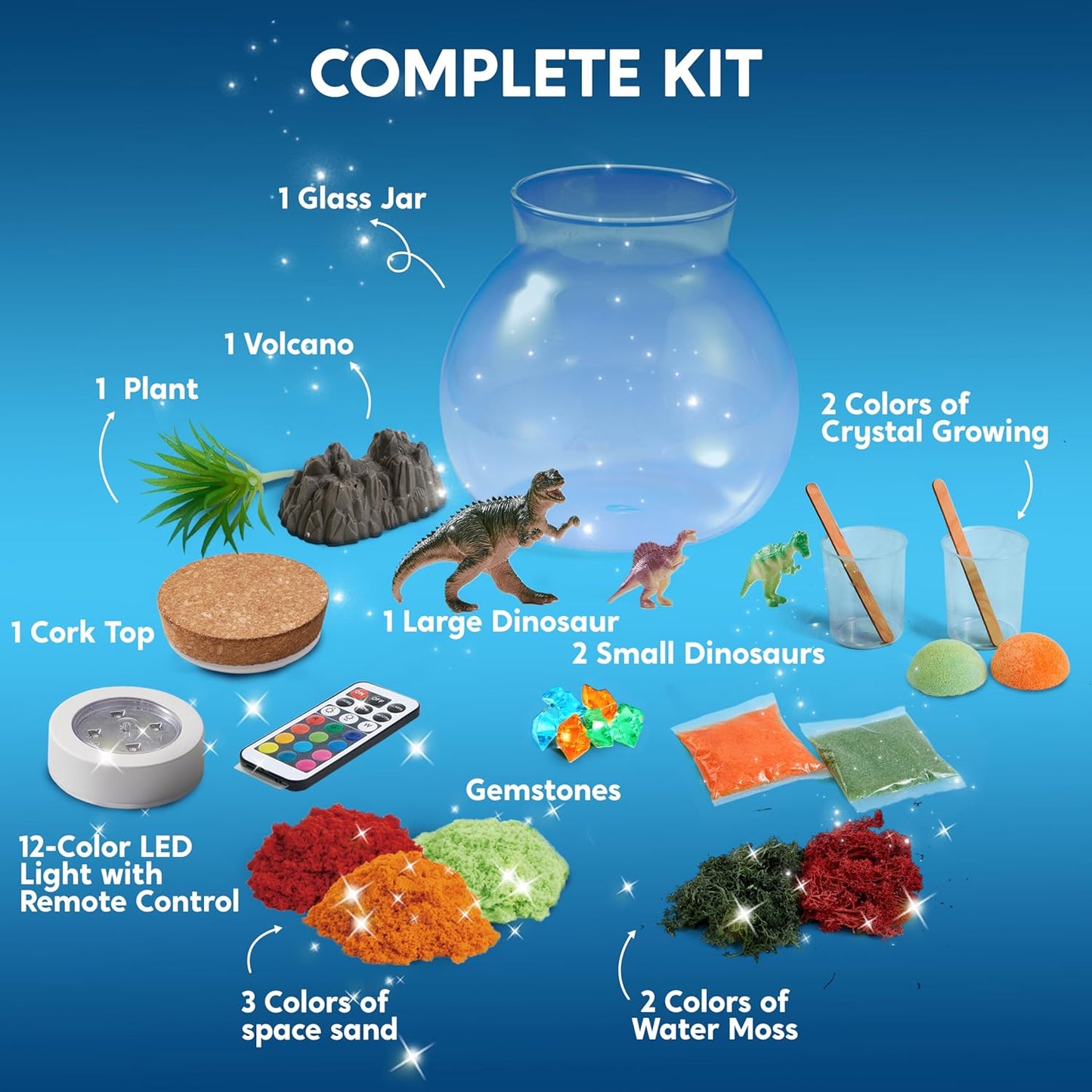 Klever Kits Make Your Own Dinosaur Crystal Terrarium Crafts Kit for Kids-Crystal Growing Science 12 Color LED Night Light Birthday Gifts Toys for Kids