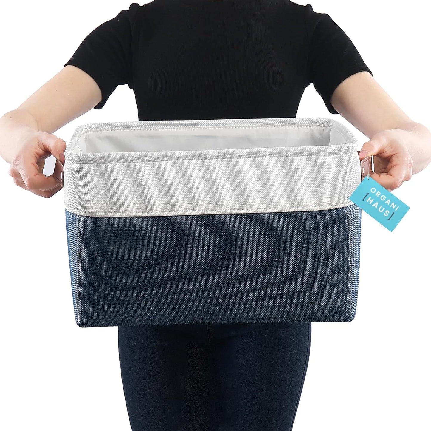 OrganiHaus Large Fabric Storage Bins for Shelves 3 Pack, 15x11in Closet Storage Bins for Shelves, Cloth Baskets & Closet Organizers, Fabric Basket, Navy Blue/White