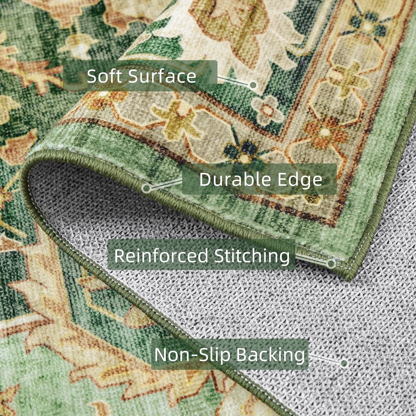 Green Rug 2x5 Runner Rugs Boho Small Washable Area Rugs for Entryway Bathroom Kitchen, Small Rugs Soft Low Pile Non-Slip Rubber Backing Oriental Door Mat