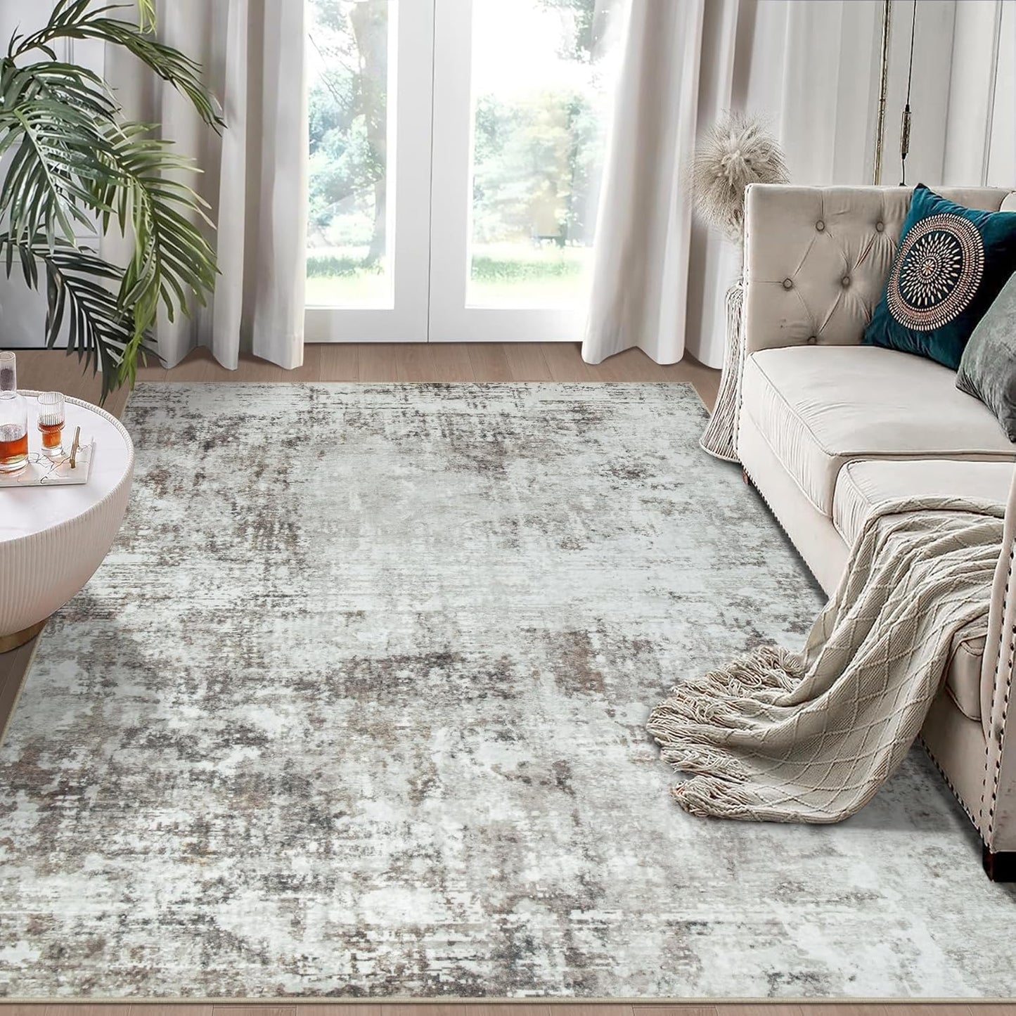 6x9 Area Rugs for Living Room Rug Washable: Modern Rug for Dining Room Bedroom Carpet Non Slip Low Pile 6 by 9 Indoor Abstract Nursery Home Office Brown Grey