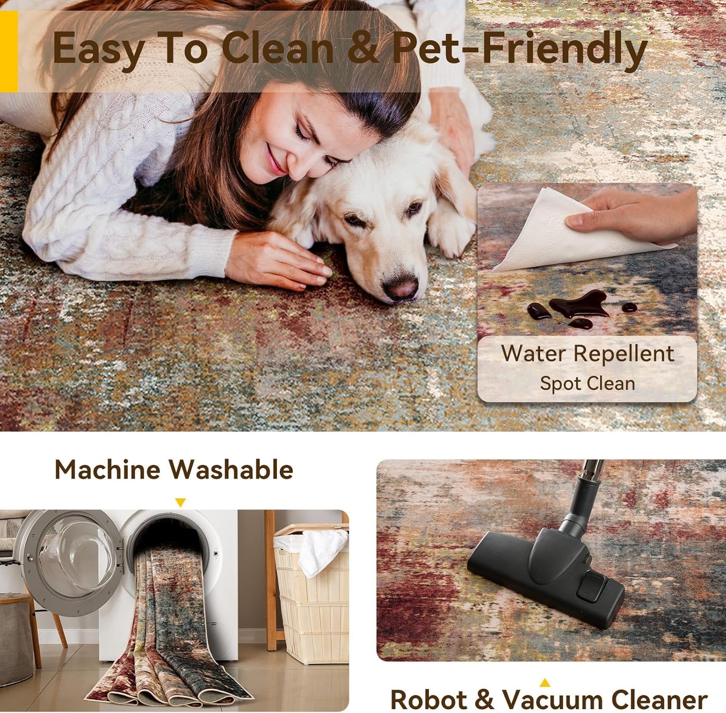 Washable Area Rugs 6ft Non-Slip Modern Abstract Soft for Living Room Entryway Bedroom Nursery, Print Pattern, Brown Rust Red Multi