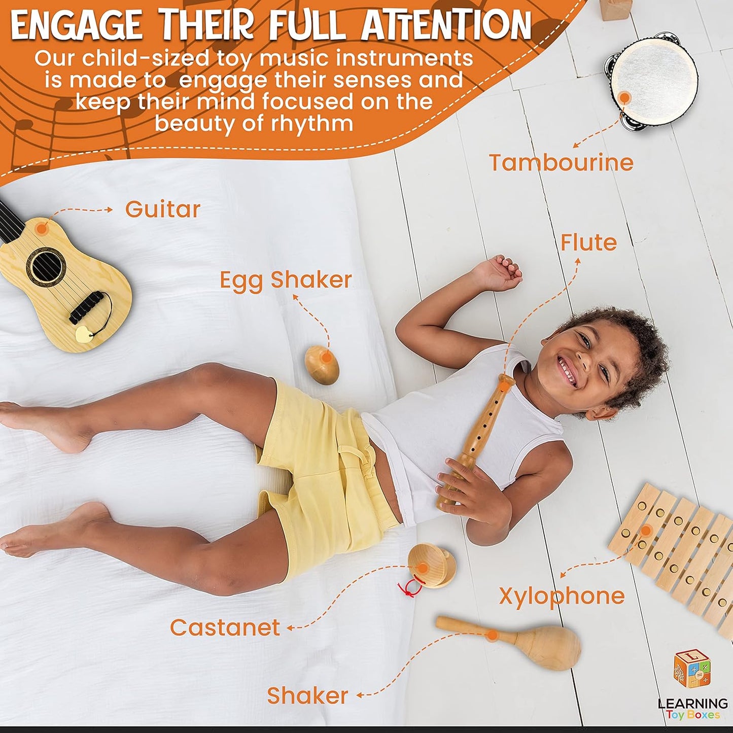 Natural Wood Musical Toys for Toddlers 1-3, Kids Musical Instruments set of 7 items Kids Guitar Egg shakers Flute Instruments Maracas Baby Xylophone Tambourine Castanets, Toddler learning Toys Experts