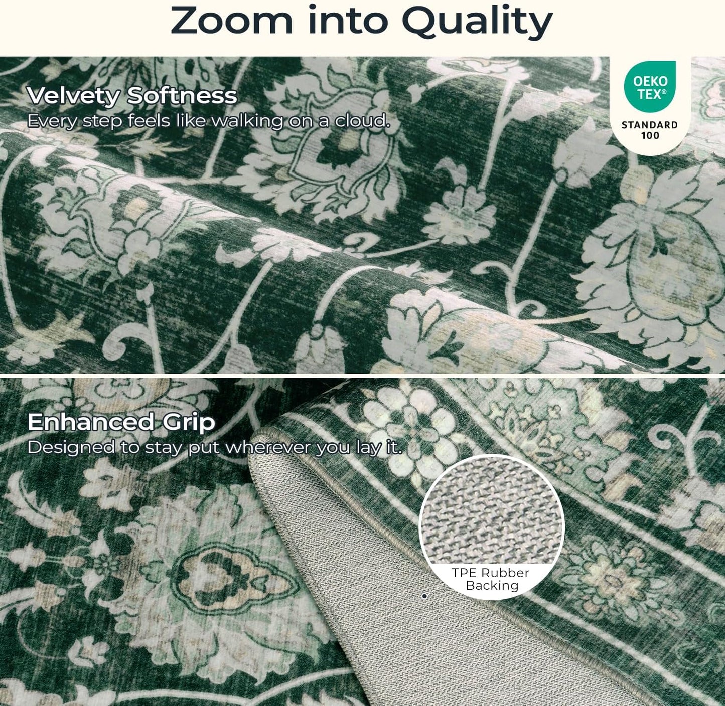 Floral 8x10 Area Rugs for Living Room, Washable Large Bedroom Rug, Soft Non Slip Carpet, Stain Resistant Low Pile Carpets for Indoor Under Table Dining Home Office Nursery, Dark Green