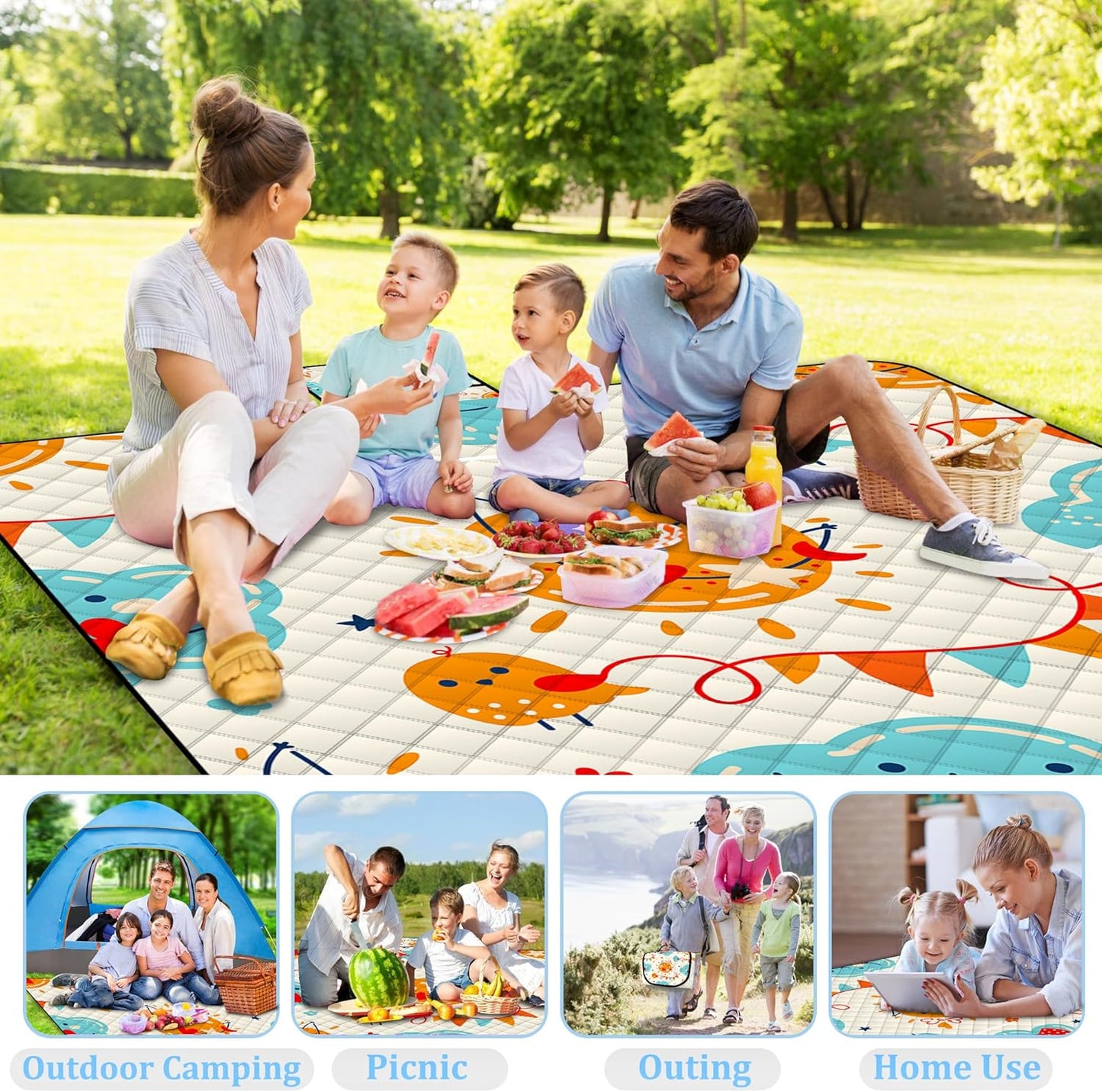 Poedist Extra Large Picnic Blanket Waterproof,80"x 80"Foldable Machine Washable Beach Blanket,Outdoor Blanket for 6-8 Adults,Suitable for Indoor Crawling,Park Beach,Camping,Hiking,Family Travel(Sun)