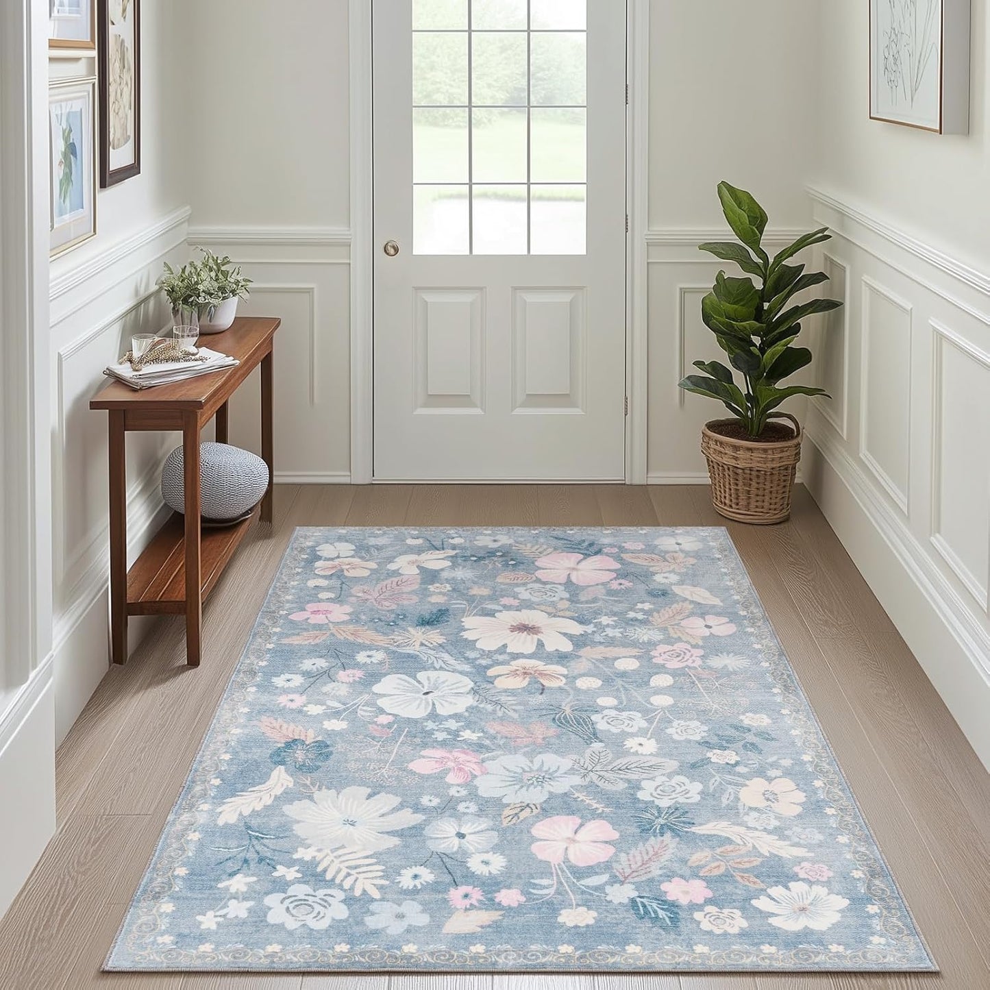Bedroom Rugs 3x5 Machine Washable Non Skid Stain Resistant Low Pile Faux Fur Area Rug Soft Boho Retro Floral Accent Small Carpet for Living Room Entrance Farmhouse Bedside Nursery Girls,Light Blue