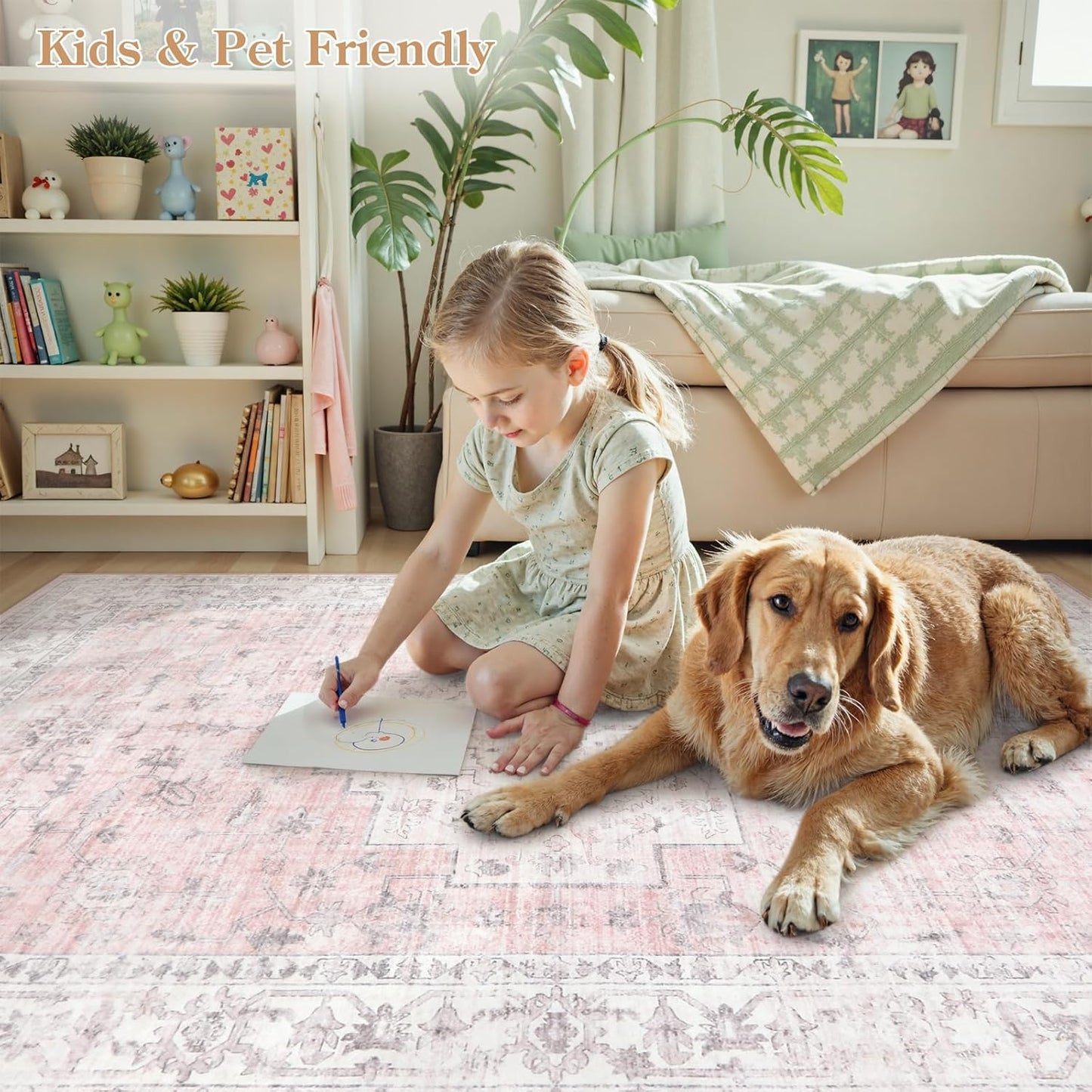 LIVEBOX Pink 10x14 Area Rug for Bedroom Girls, Boho Washable Rugs for Living Room Nursery, Non-Slip Indoor Soft Carpet Low-Pile Farmhouse Carpets for Dining Room Kids Playroom, Pink