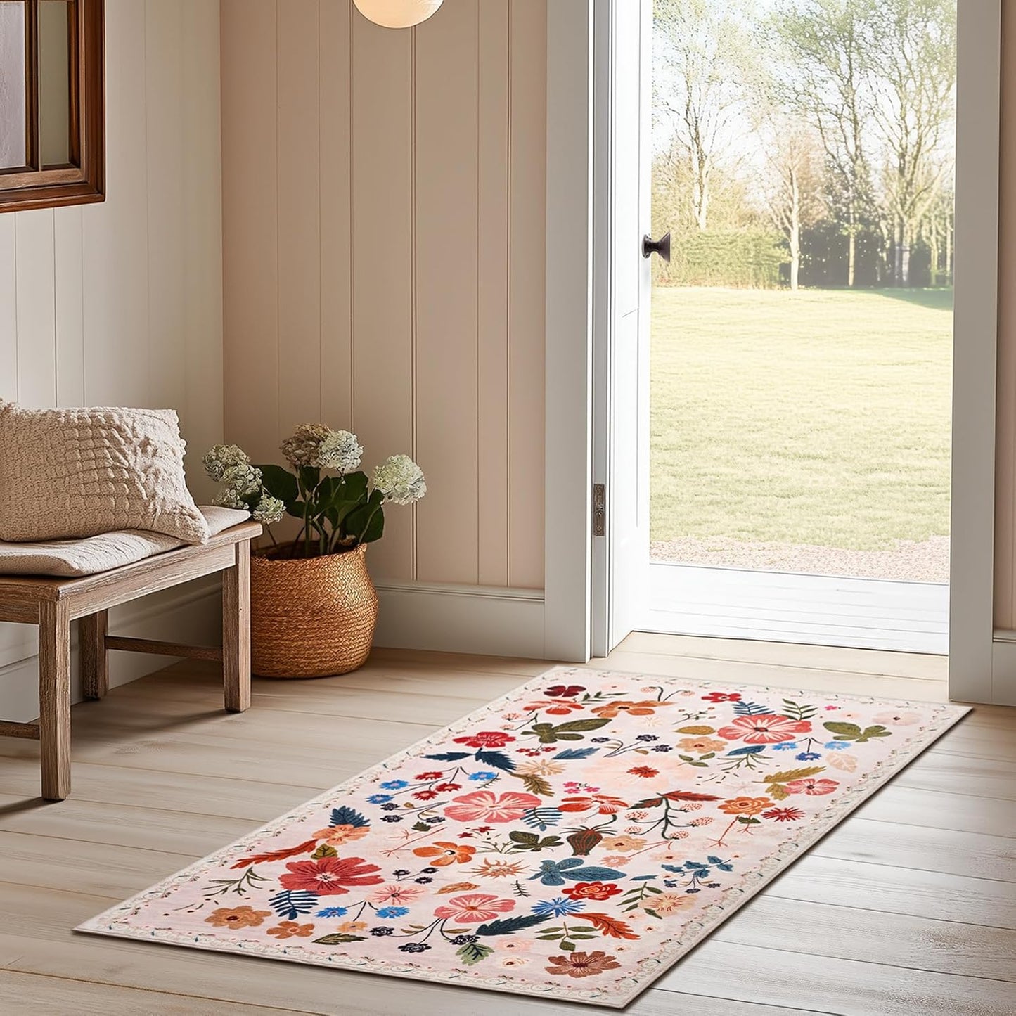 Beige 3x5 Area Rugs for Bedside Machine Washable Boho Floral Small Carpet Rugs Soft Non-Slip Low Pile Faux Fur Cream Farmhouse Aesthetic Rug for Living Room Entrance Bedroom Patio Office