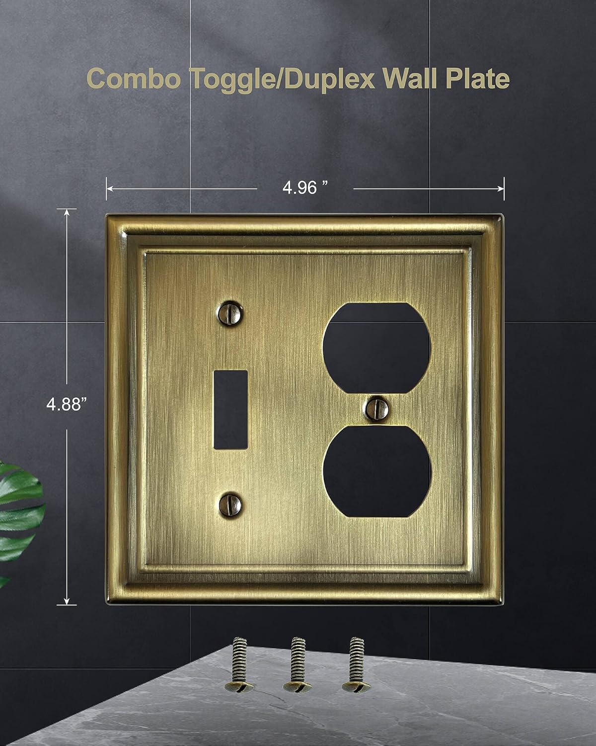 Combination 1 Toggle and 1 Duplex Metal Wall Plate, Decorative Antique Brass Switch Plates and Outlet Covers, Midsize, 2-Gang, 2-Pack, Corrosion Resistant