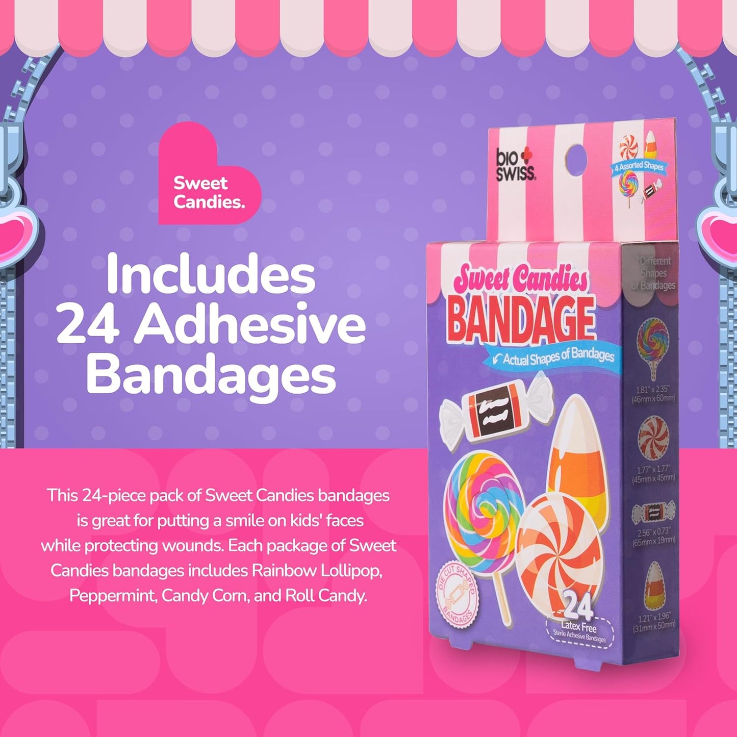 BioSwiss Bandages, Sweet Candies Shaped Self Adhesive Bandage, Latex Free Sterile Wound Care, Fun First Aid Kit Supplies for Kids and Adults, 24 Count