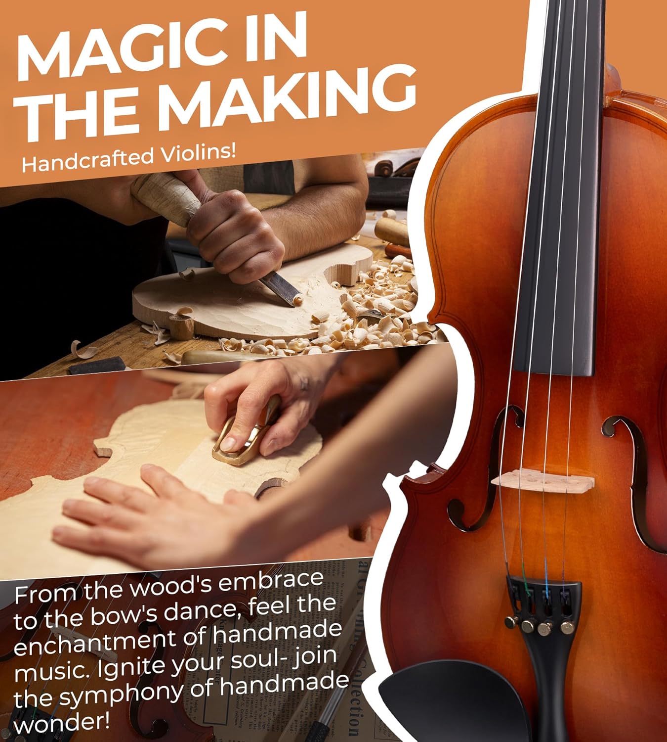 Vangoa Violin 1/4 Size Set Fiddle Outfit, Handcrafted Quarter Starter Acoustic Violins Kit with Solid Wood Side Board Lightweight Hard Case for Beginners Students, Child, Kids, Adults, Right Handed