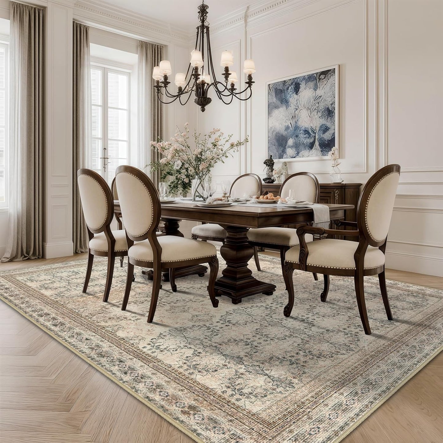 Large 8x10 Washable Area Rug for Living Room, No Shedding Vintage Floral Print Rugs Non Slip, Indoor Foldable Thin Retro Accent Carpet for Bedroom Farmhouse Dining Room Beige/Pink/Orange