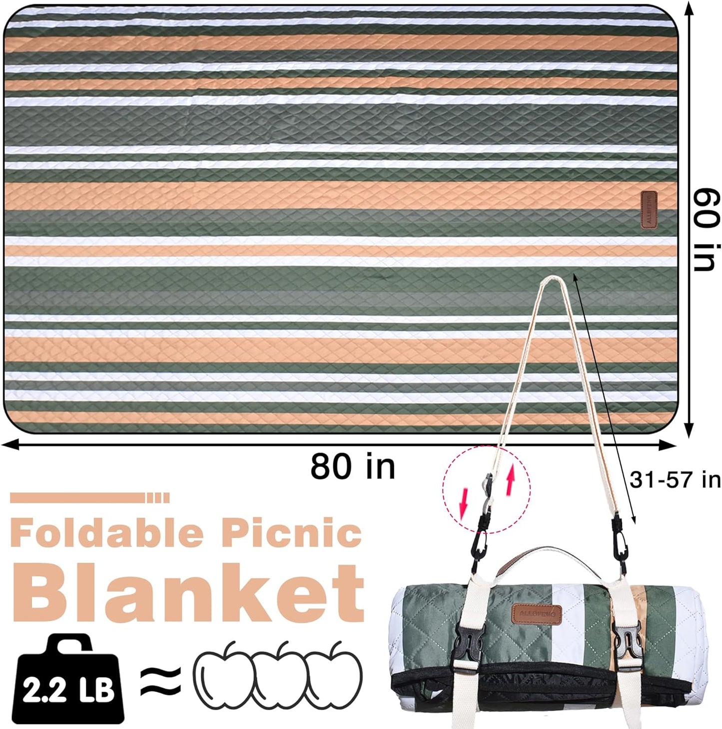 Waterproof Picnic Blanket 80" x 60" in Portable with Carry Strap for Beach Mat or Family Outdoor Camping Party, Park Blanket for Grass Park Hiking Travel, Concerts (Dark Green&White&Orange, 80" x 60")