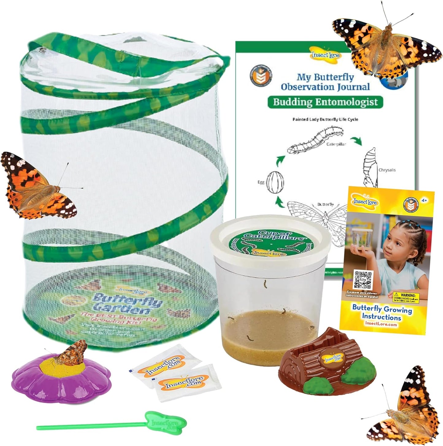 Insect Lore Butterfly Garden Kit - 5 Live Baby Caterpillars, Habitat, Feeder, Chrys-A-Lid Log, STEM Journal Included - Grow, Raise and Release Painted Lady Butterflies