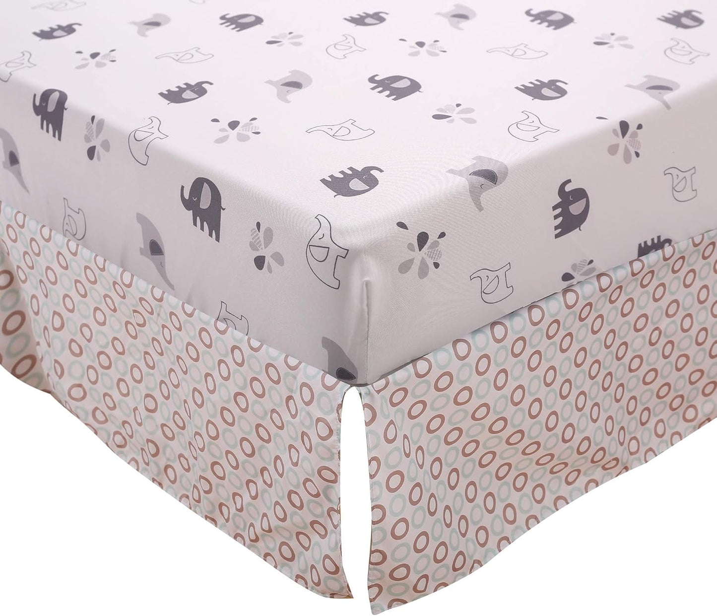 6 PCs Grey White Elephant Nursery Crib Bedding Set Quilt, Fitted Sheet, Skirt, Window Valance, Blanket, Diaper Organizer Baby Boy Elephant Theme Cot Bedding Set